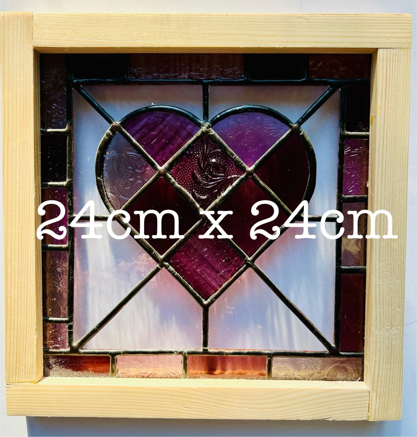 Framed Handcrafted Stained Glass Patchwork Purple/Plum Heart with Stripey border perfect way to say ‘I love you’ Valentines/Galentines