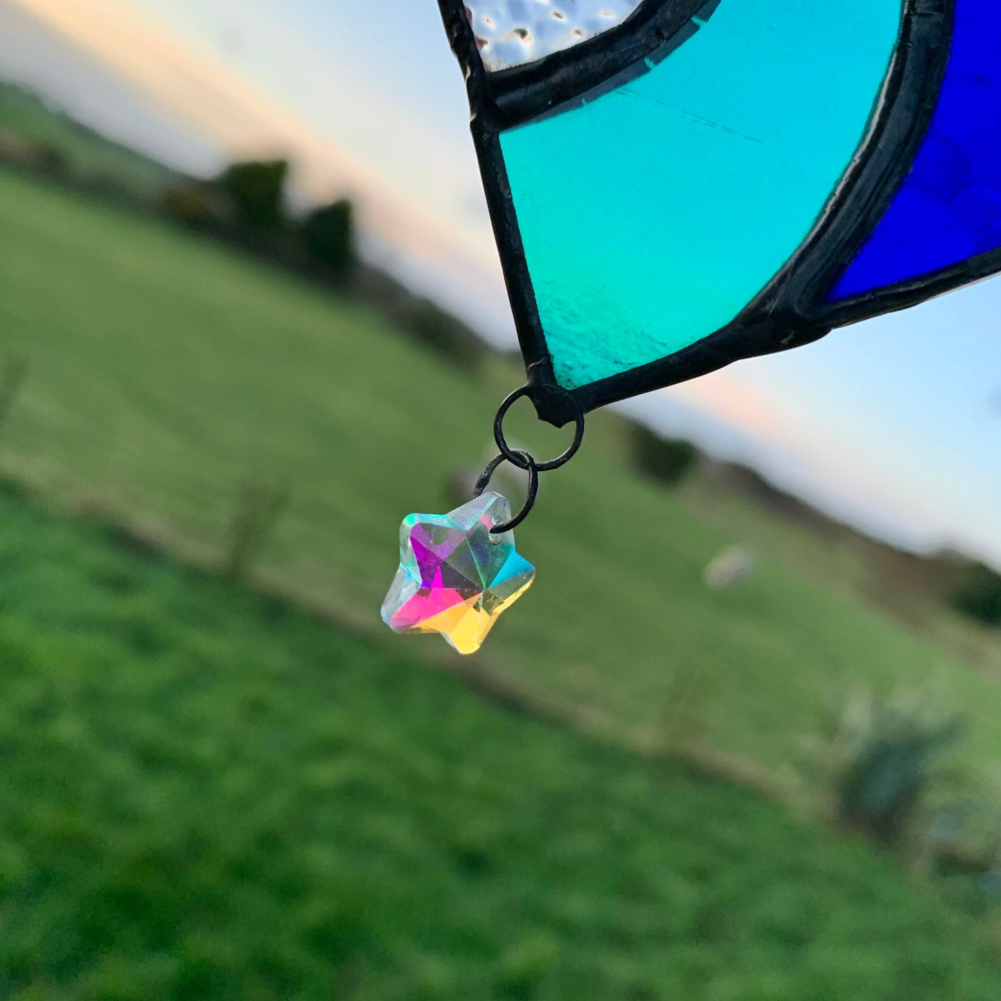 Stained Glass Heart Suncatcher: Sea Blue Wave with Iridescent Star