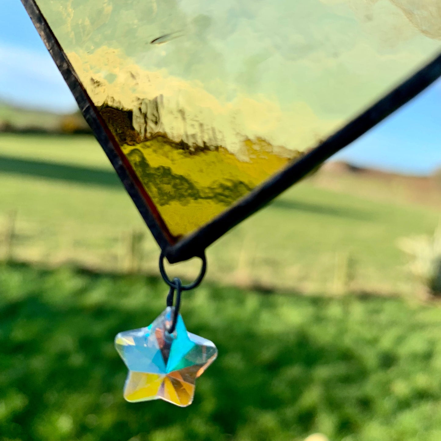 Stained Glass Heart Suncatcher: Sea Blue Colors, Star Prism