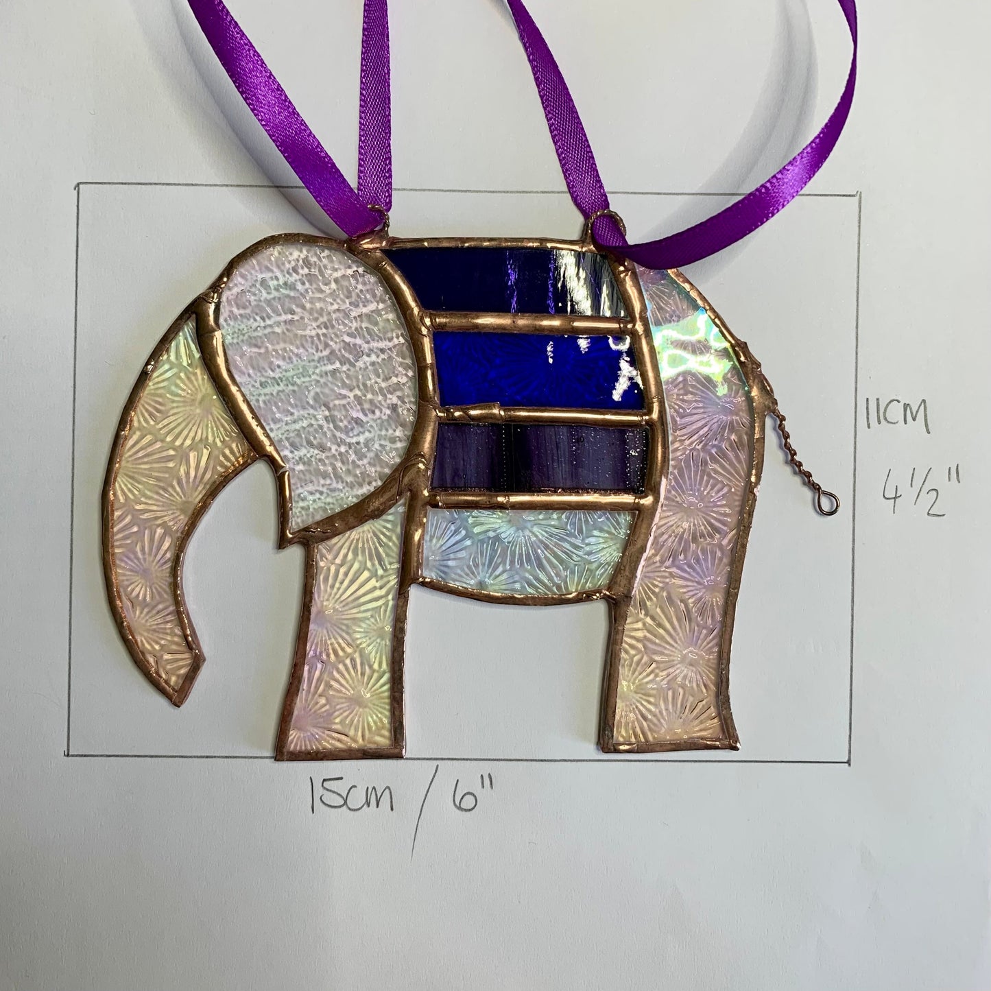 Pretty Elephant Stained Glass Suncatcher in shades of Emerald Green with iridescent body ….