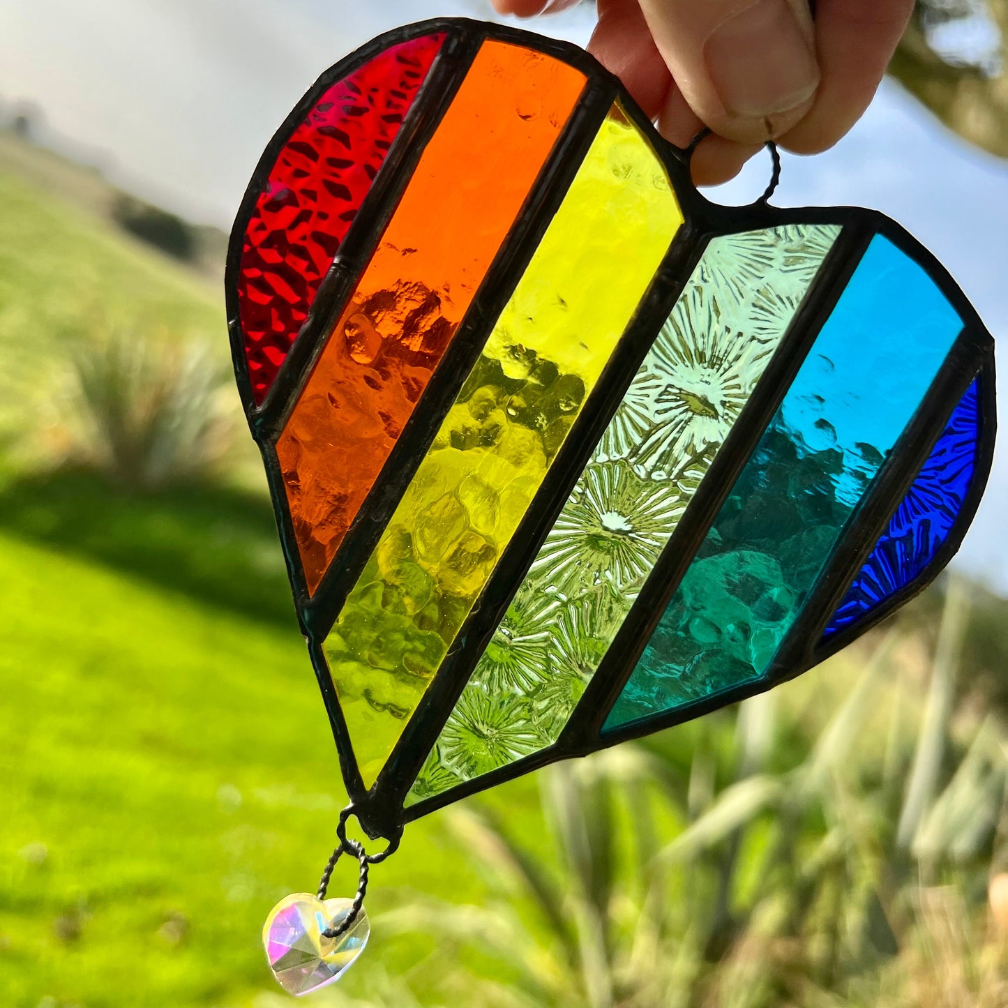 Handcrafted Rainbow Stained Glass Heart Suncatcher with Prism