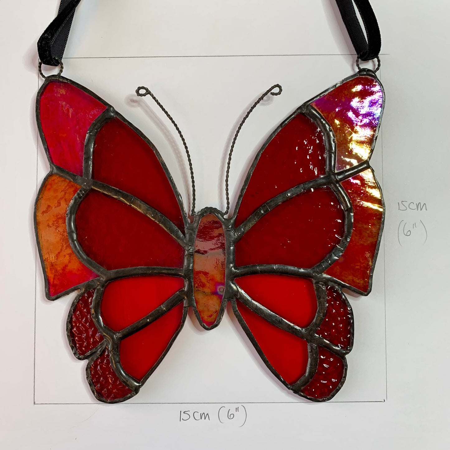 Red Stained Glass Butterfly Suncatcher, Iridescent Window Decor