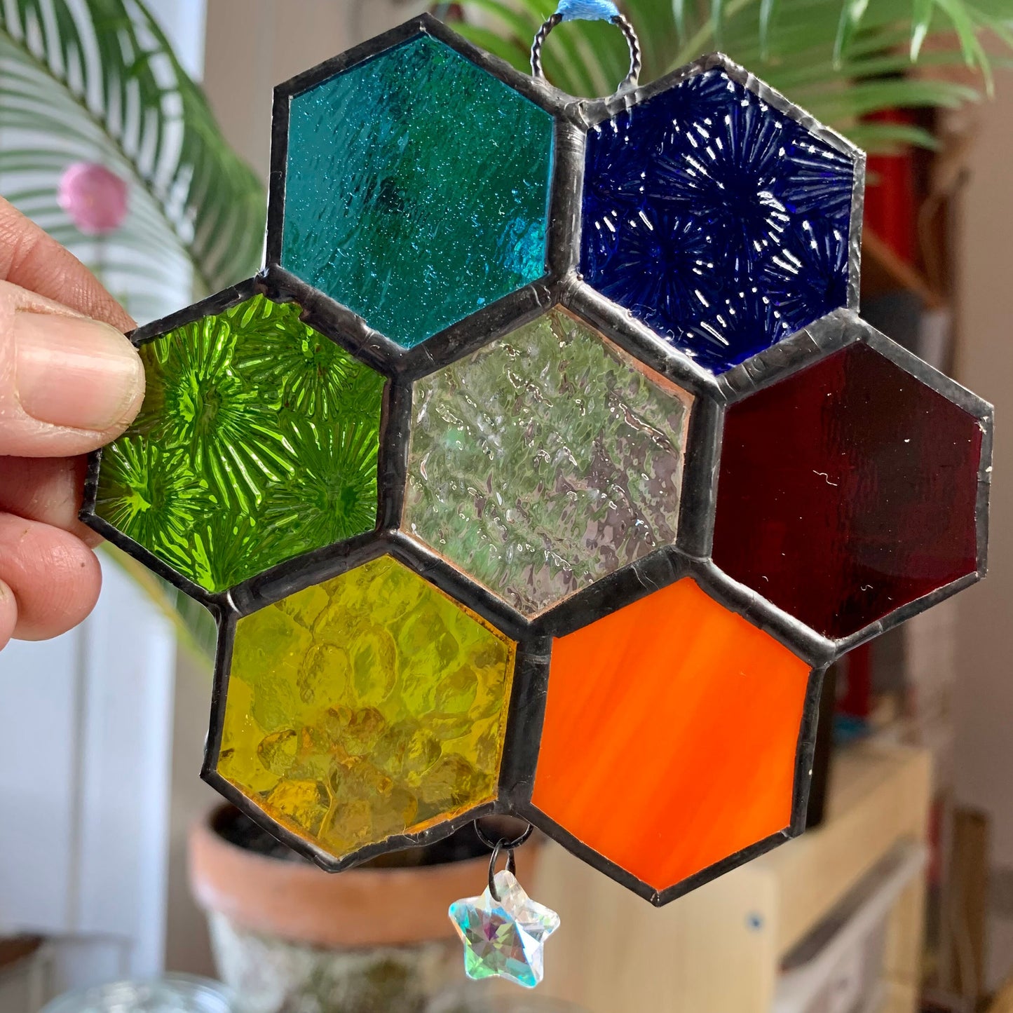 Rainbow Honeycomb Stained Glass Suncatcher with Prism