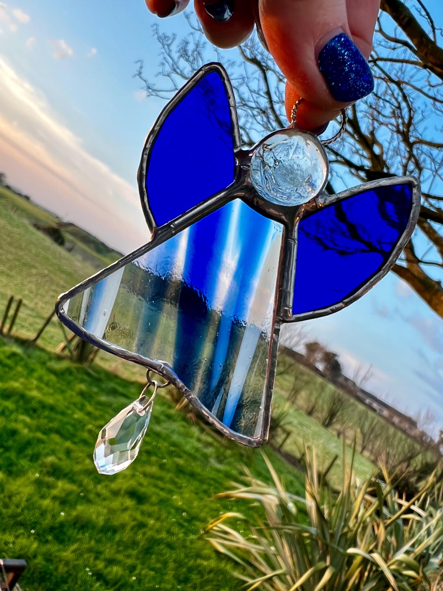 Blue Stained Glass Angel Suncatcher with Prism β Handmade Window Ornament