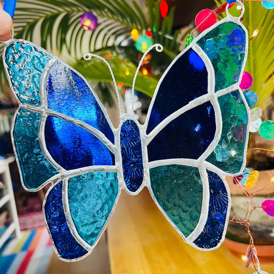 Blue Stained Glass Butterfly Suncatcher, Turquoise Cobalt Window Hanging