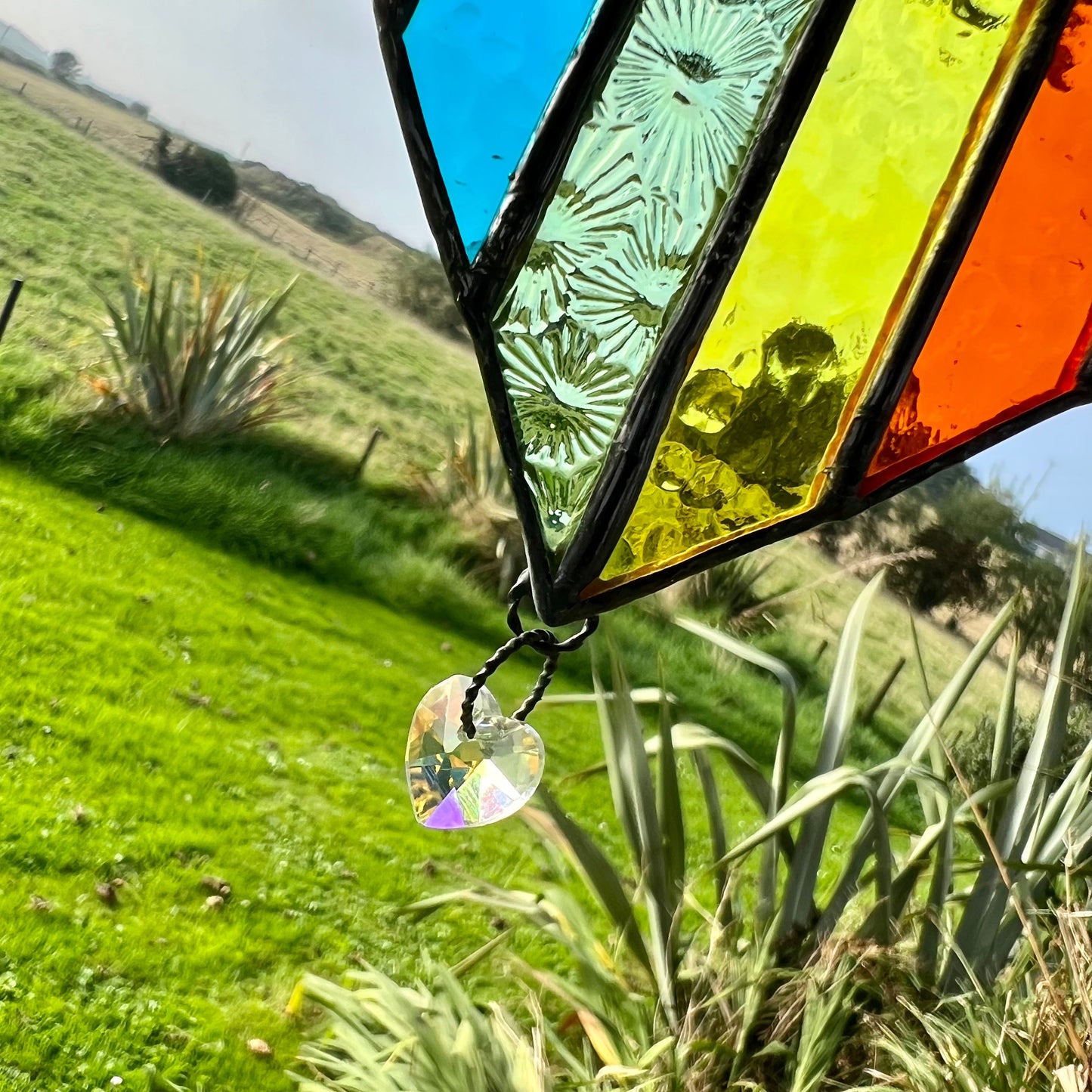 Handcrafted Rainbow Stained Glass Heart Suncatcher with Prism