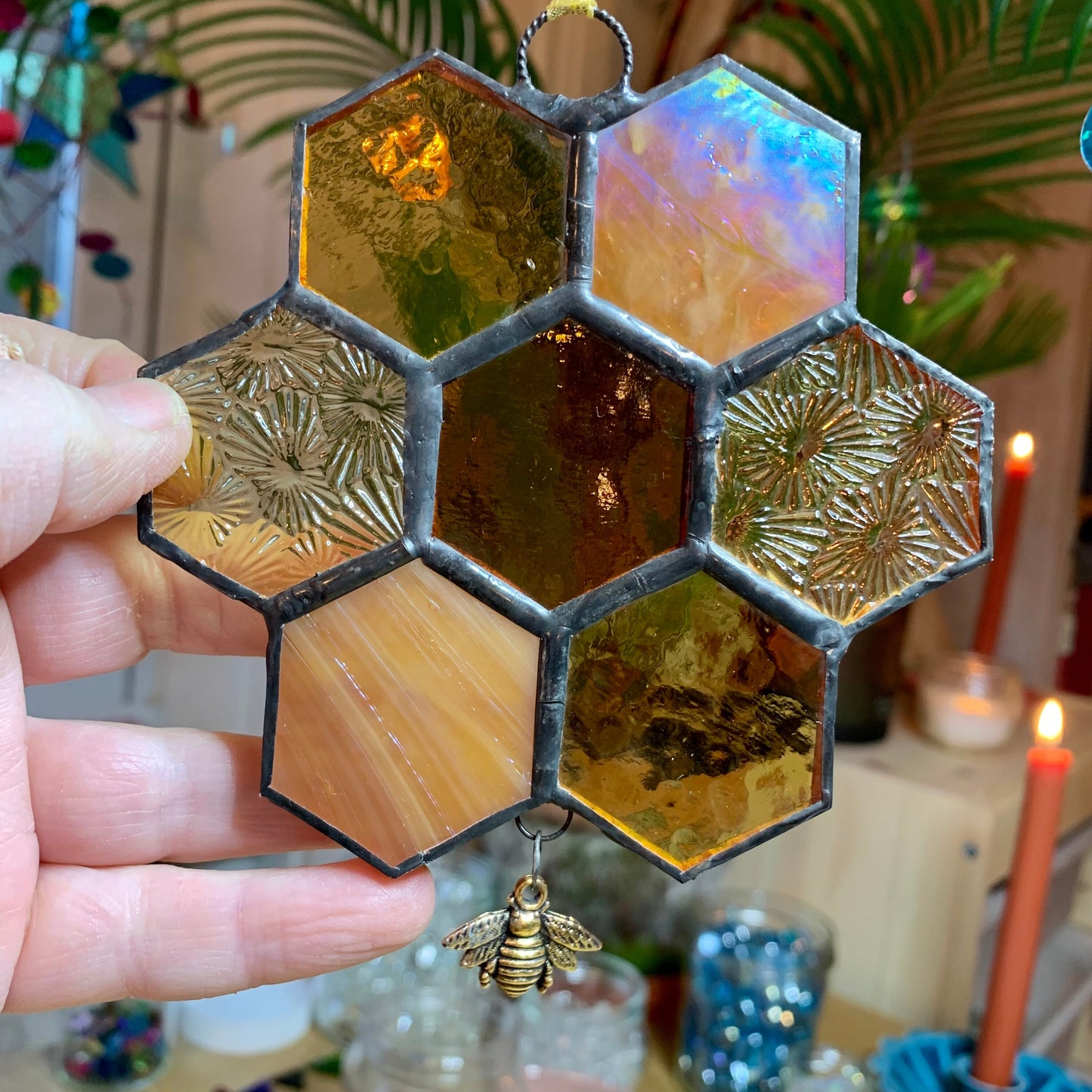 Honeycomb Stained Glass Suncatcher patchwork honeycomb