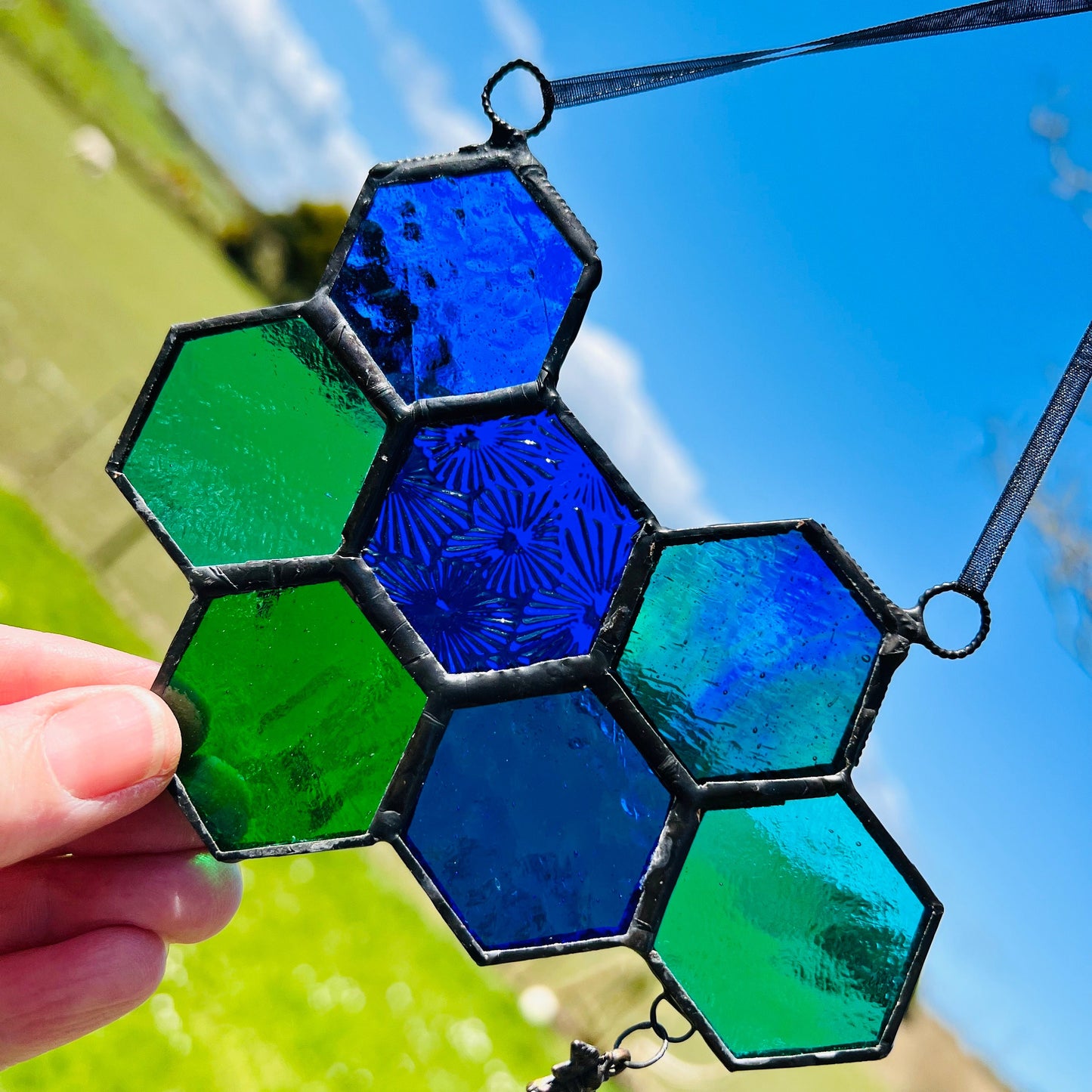 Honeycomb Stained Glass Suncatcher patchwork honeycomb
