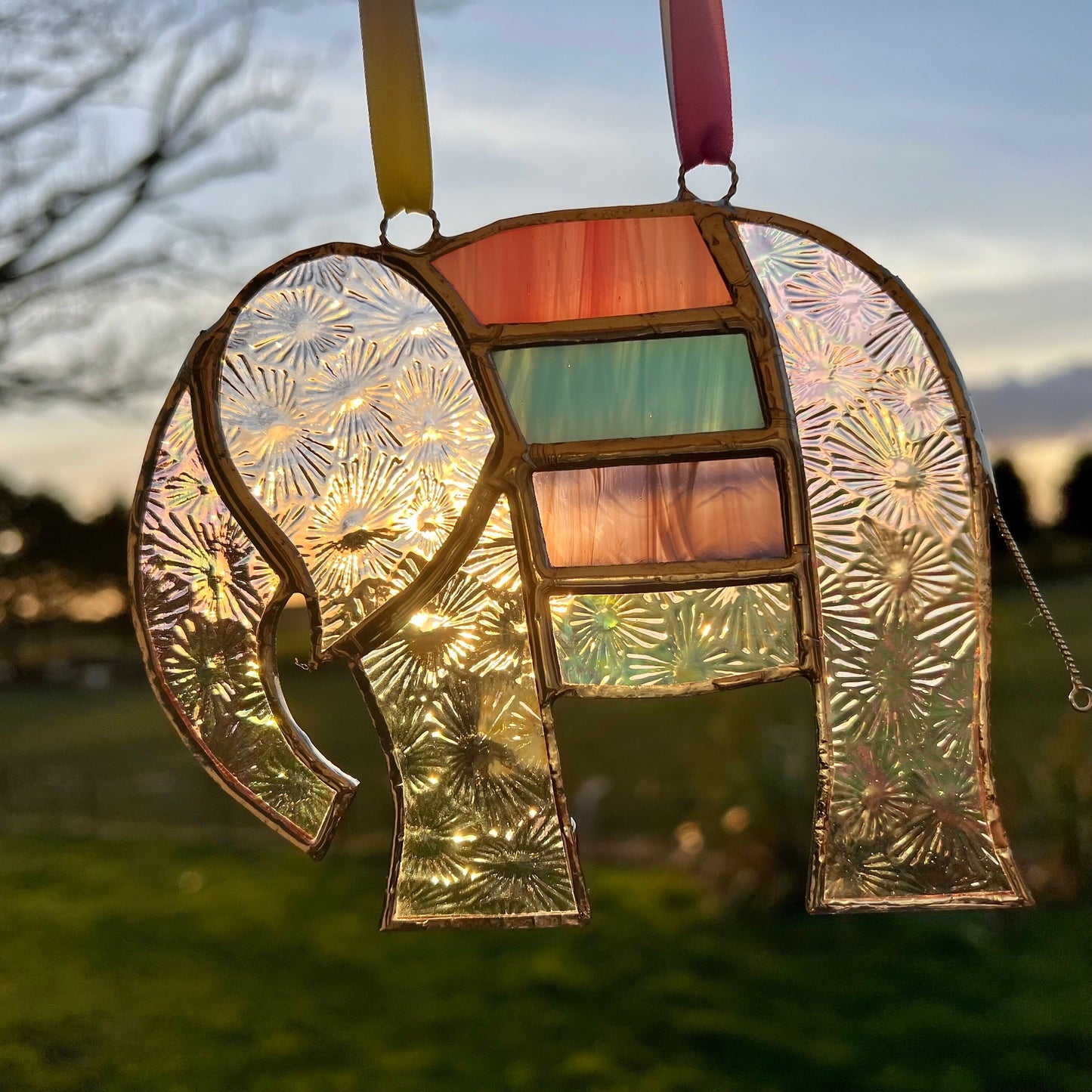 Pretty Elephant Stained Glass Suncatcher in shades of purple with iridescent ..