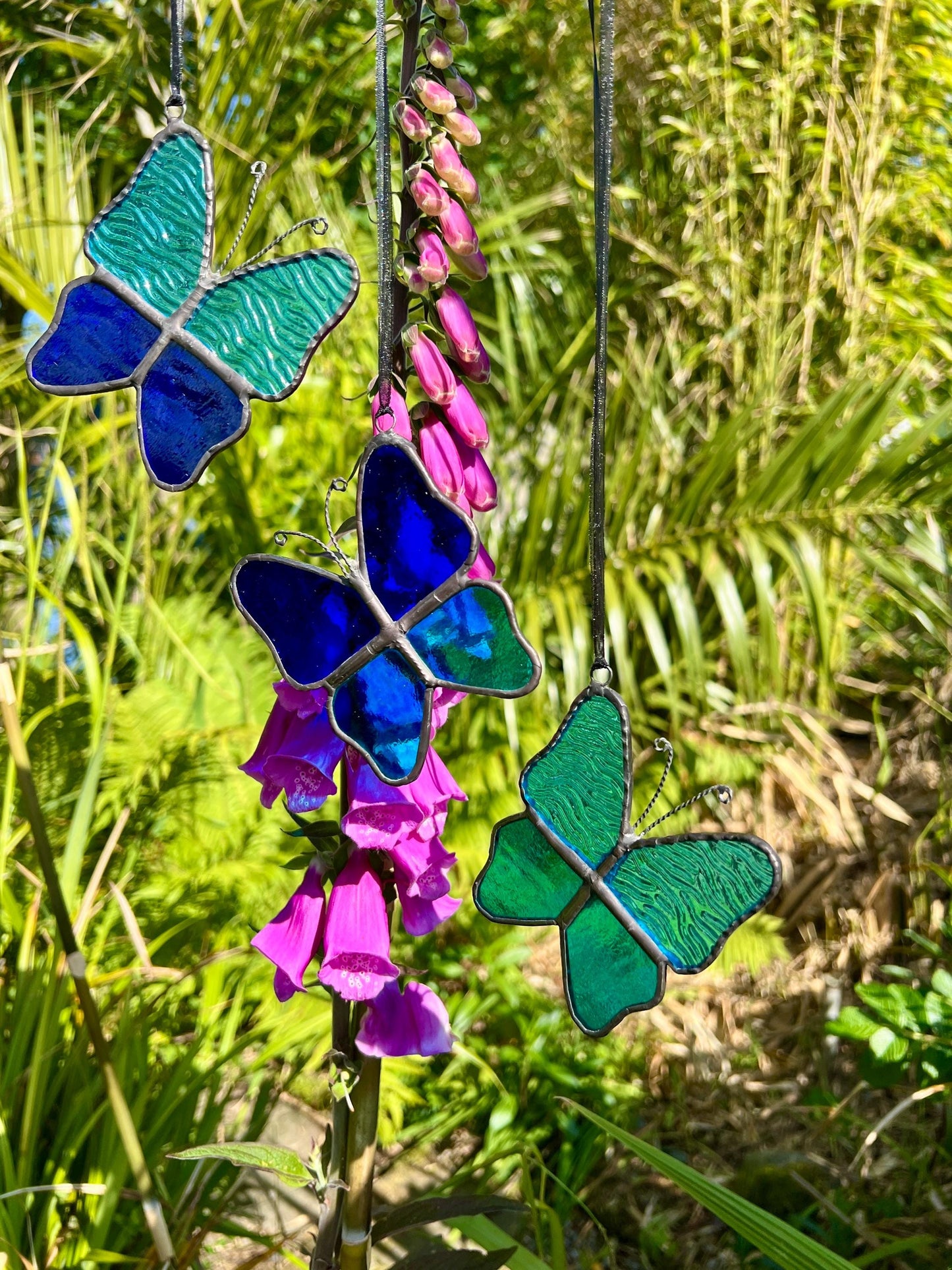 Stained Glass Butterfly Set: Turquoise & Cobalt Blue, Handcrafted