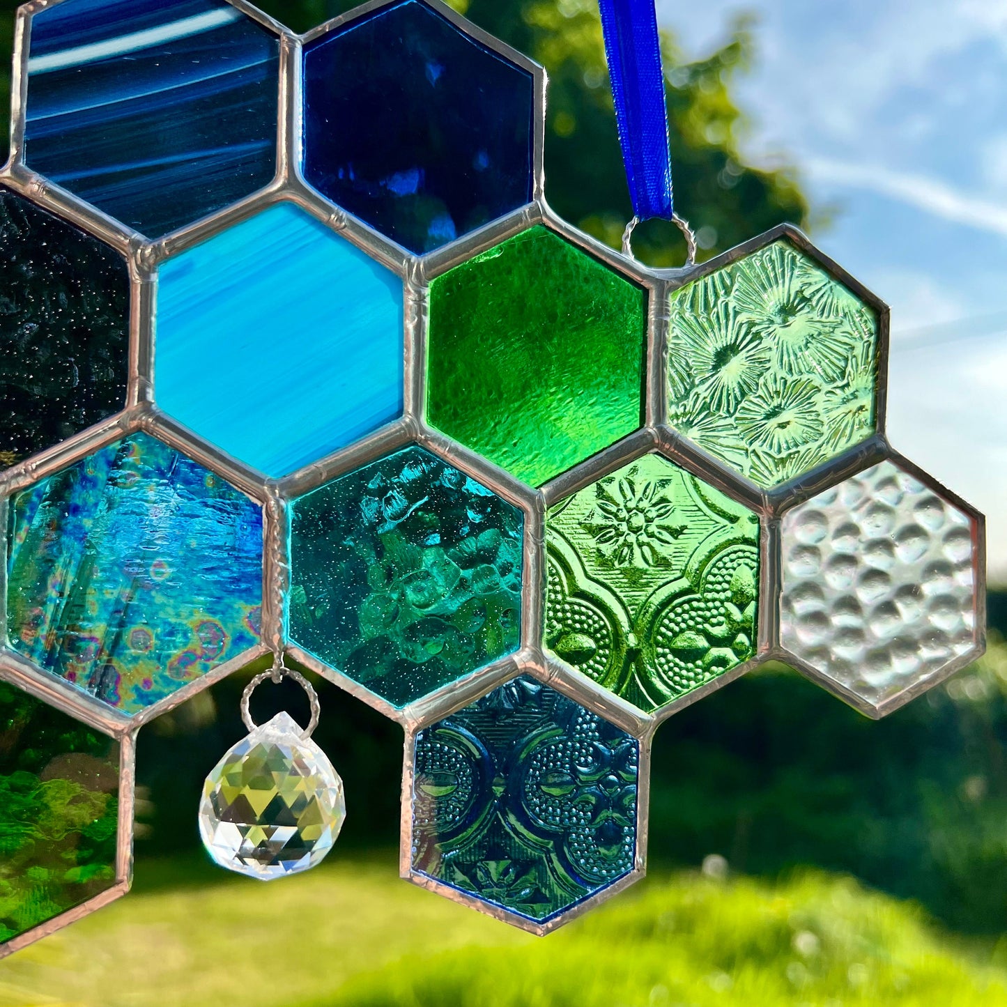 Stained Glass Honeycomb Suncatcher, Iridescent Glass Prism, Gift for Gardener