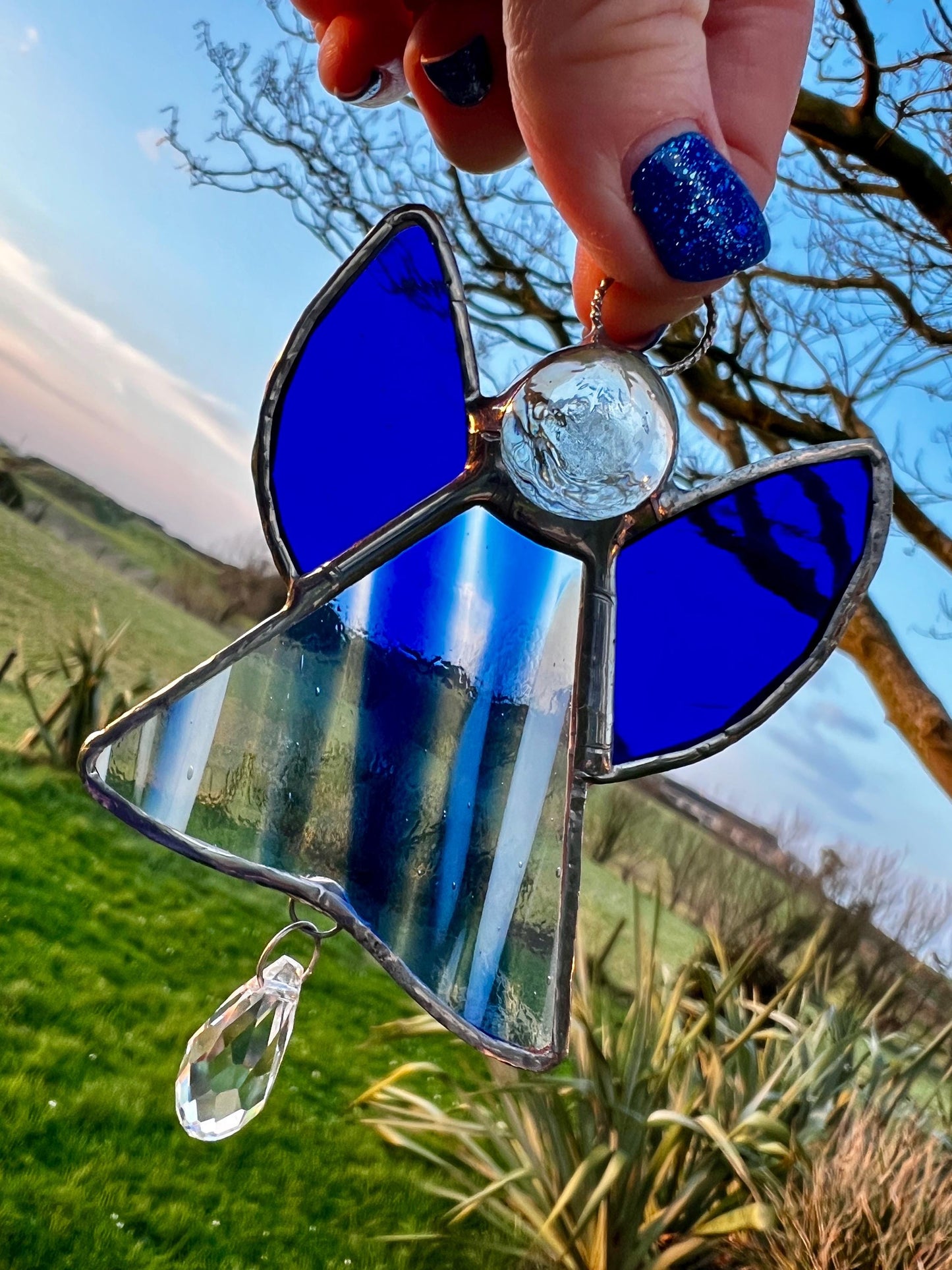 Blue Stained Glass Angel Suncatcher with Prism – Handmade Window Ornament
