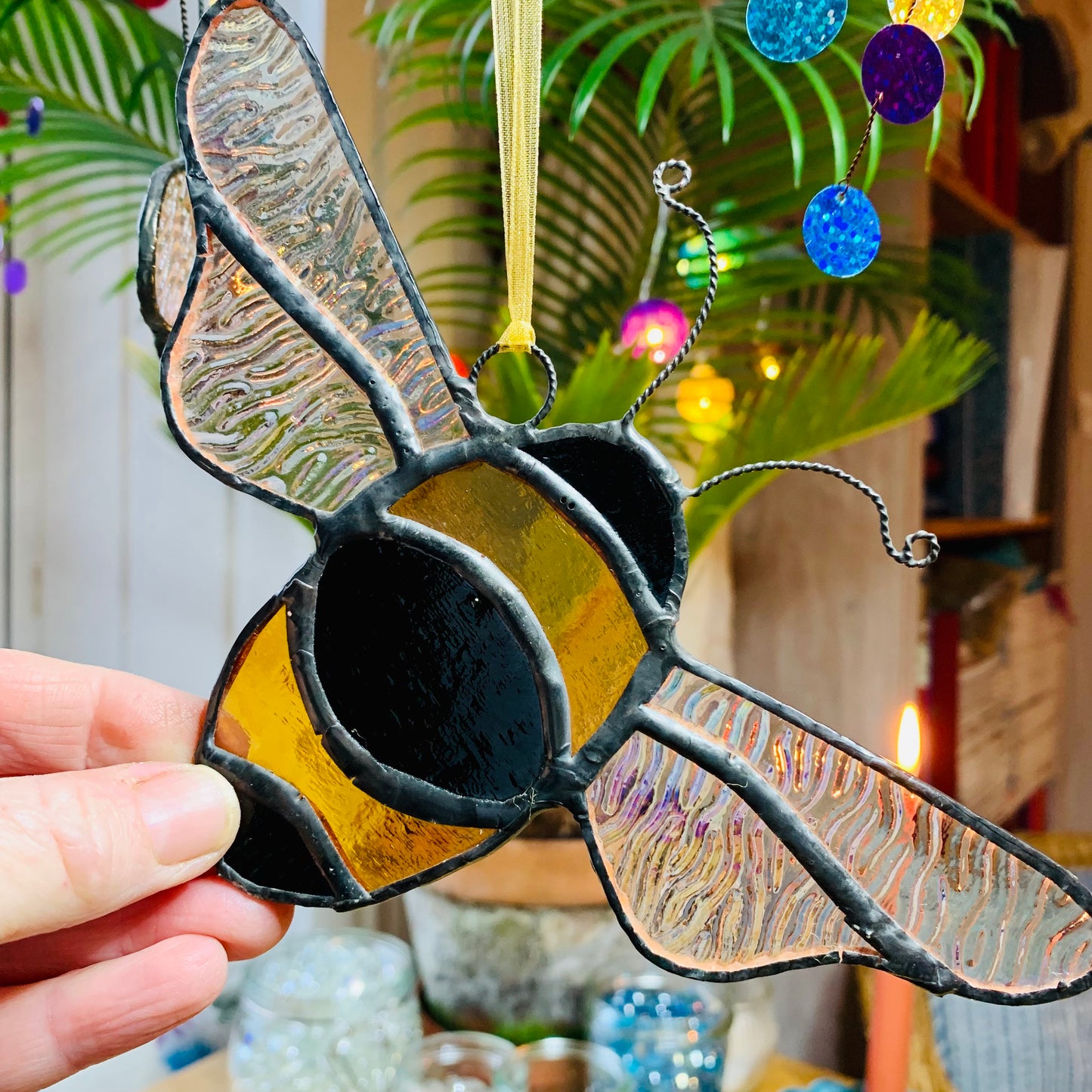 Stained Glass Bee Suncatcher, Iridescent Amber & Black