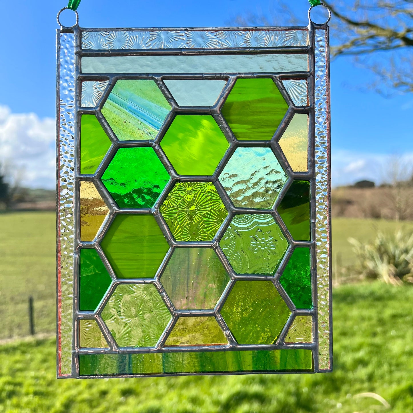Stained Glass Honeycomb Panel in gorgeous greens including lots of textures.
