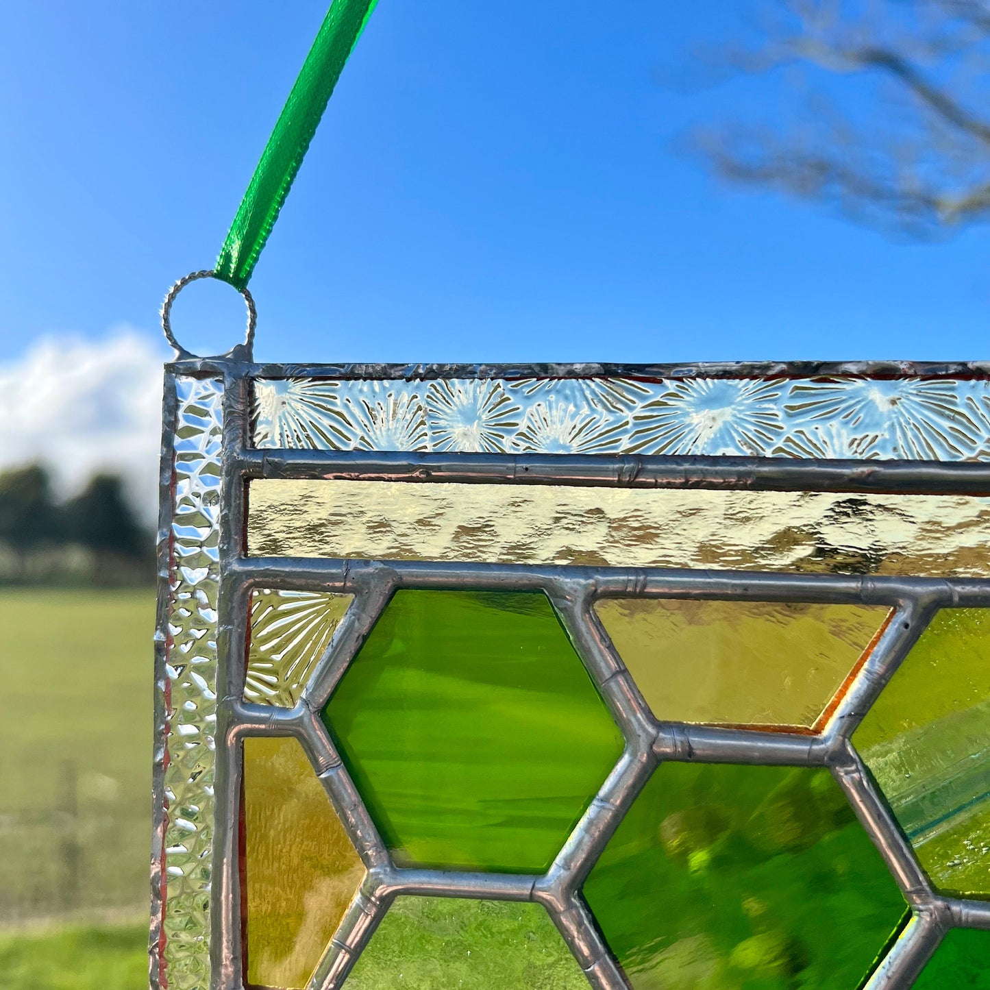 Stained Glass Honeycomb Panel in gorgeous greens including lots of textures.