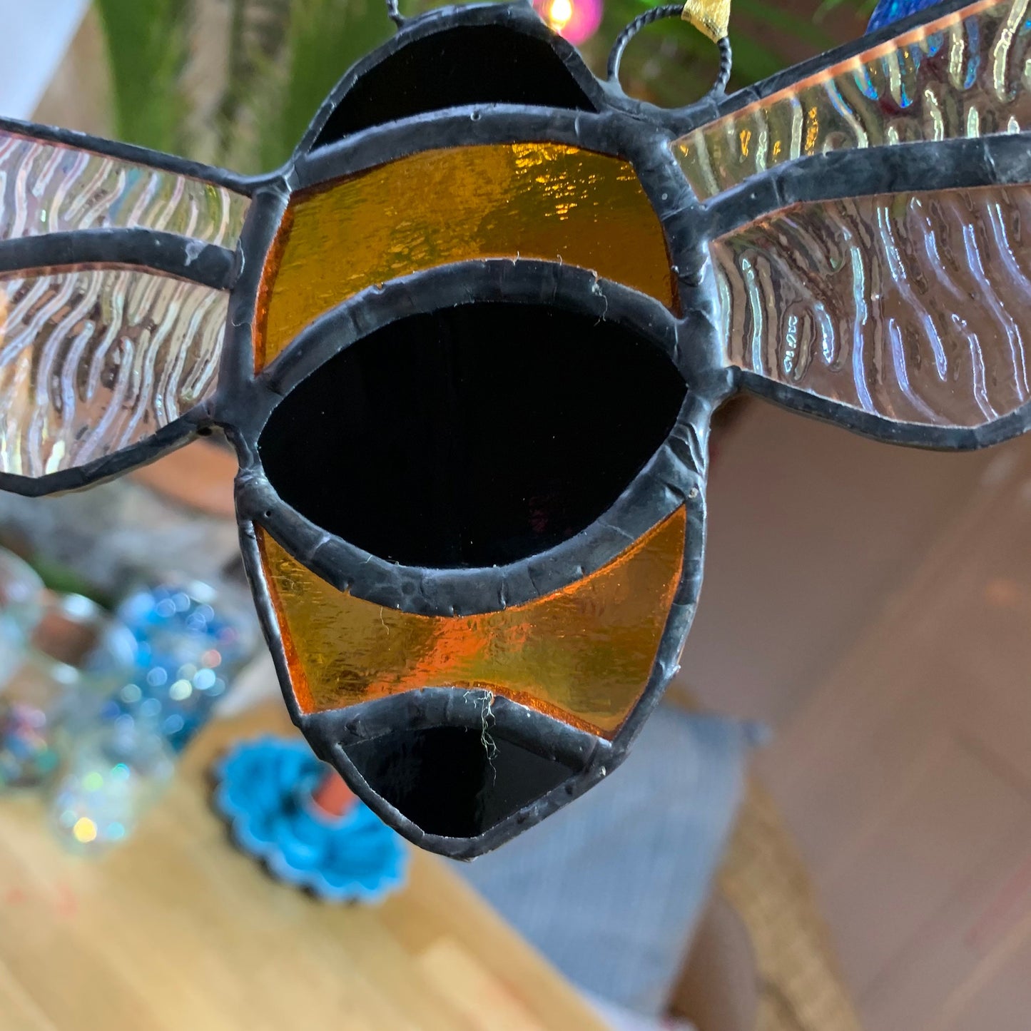 Stained Glass Bee Suncatcher, Iridescent Amber & Black