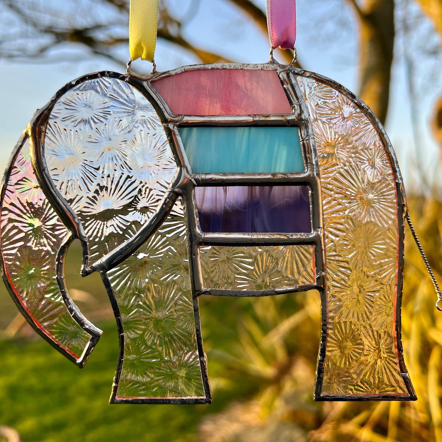 Pretty Elephant Stained Glass Suncatcher in shades of purple with iridescent ..