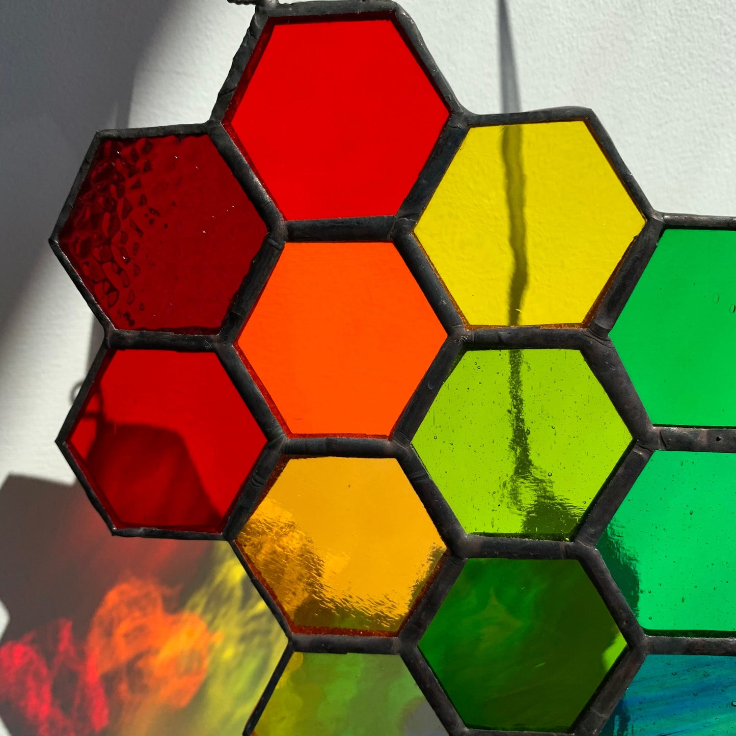 Rainbow Stained Glass Honeycomb Suncatcher with Bees