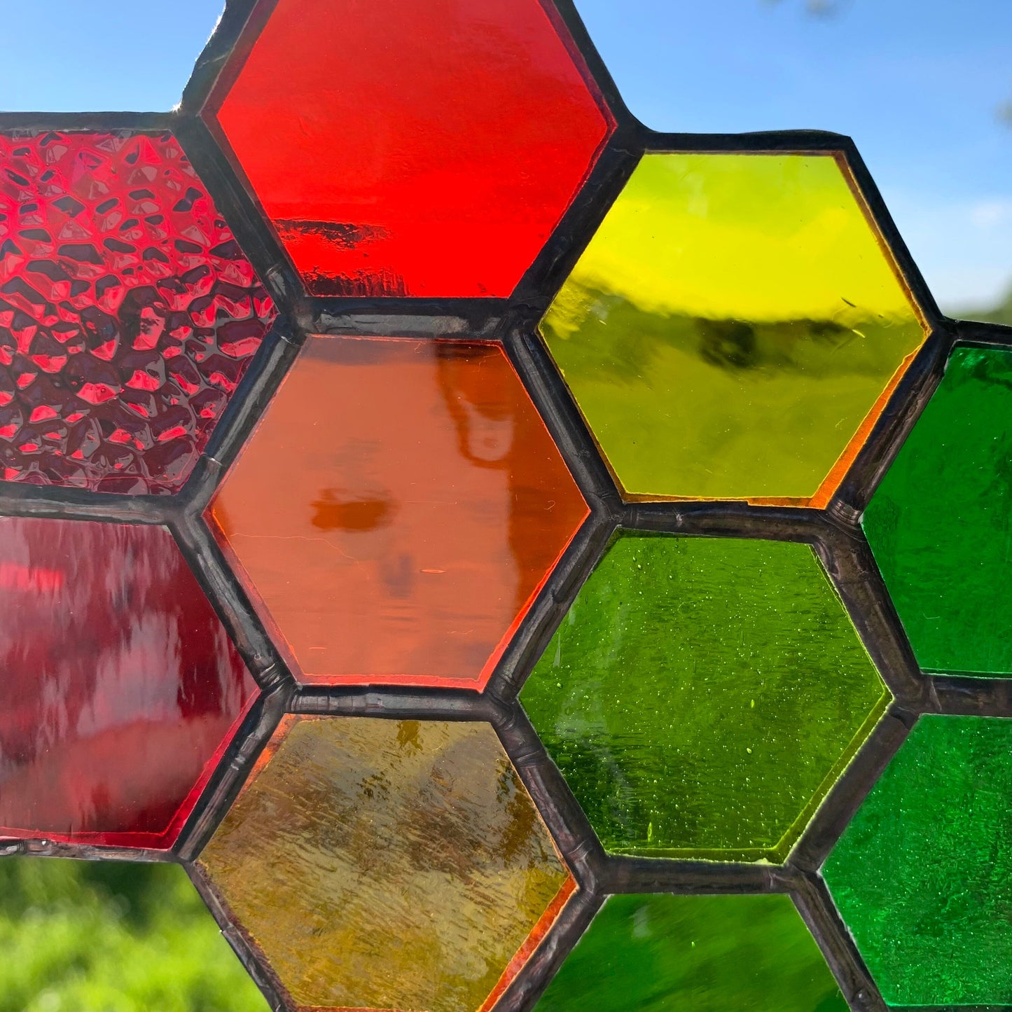 Rainbow Stained Glass Honeycomb Suncatcher with Bees