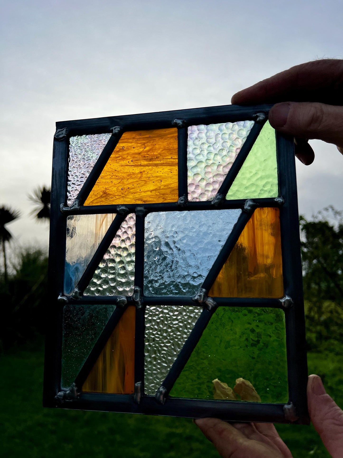 Handcrafted Leaded Stained Glass Panel, Weatherproof Garden Art