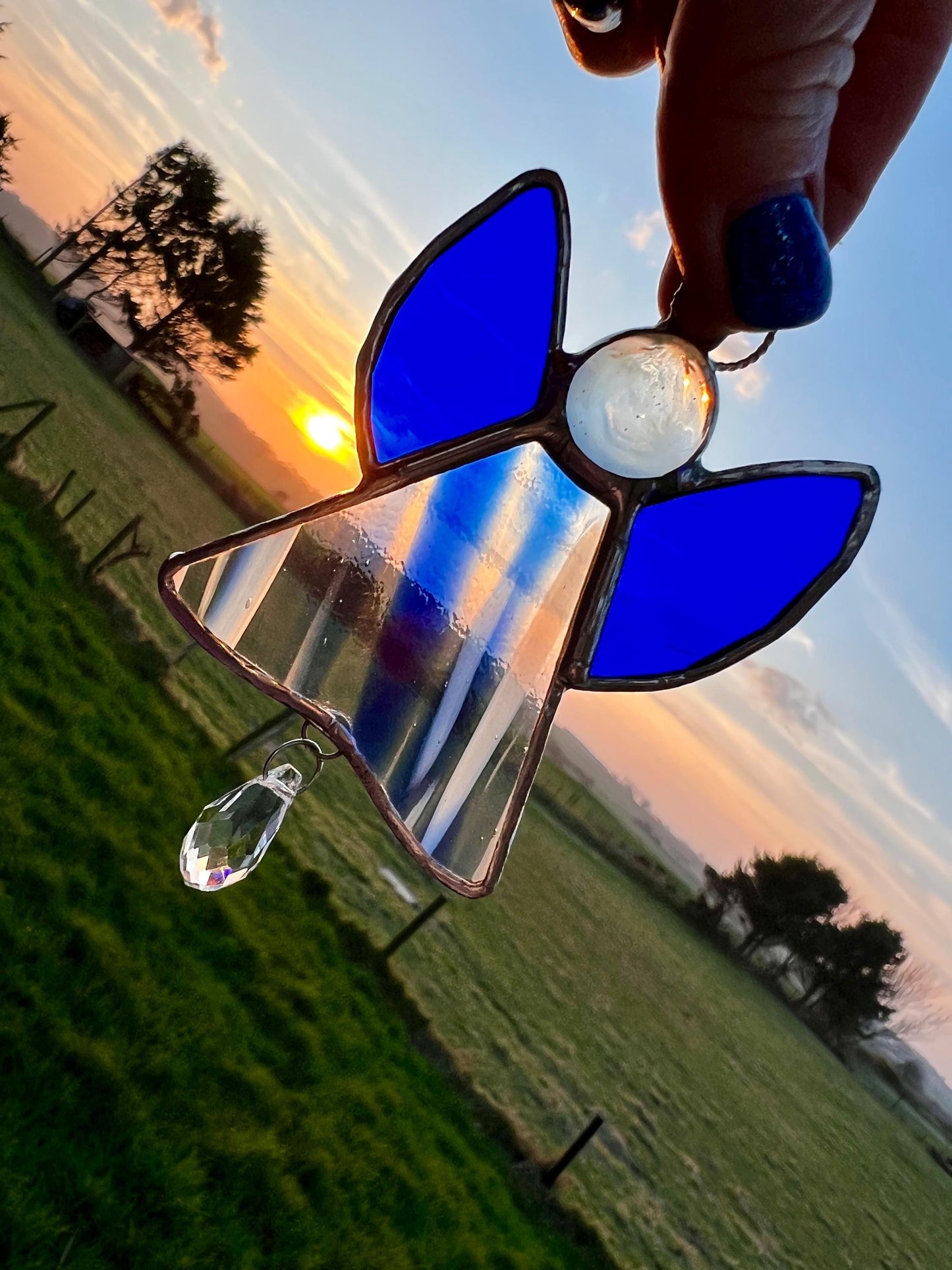Blue Stained Glass Angel Suncatcher with Prism – Handmade Window Ornament