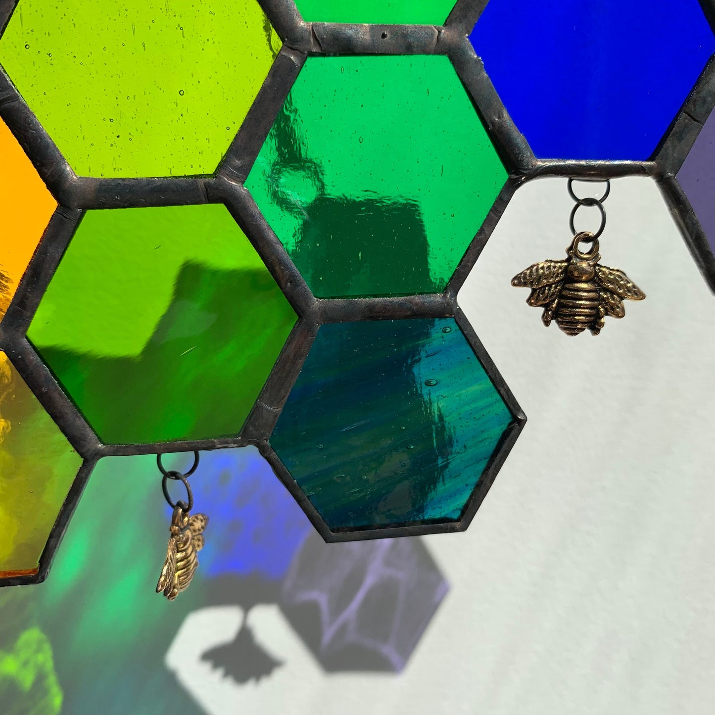 Rainbow Stained Glass Honeycomb Suncatcher with Bees