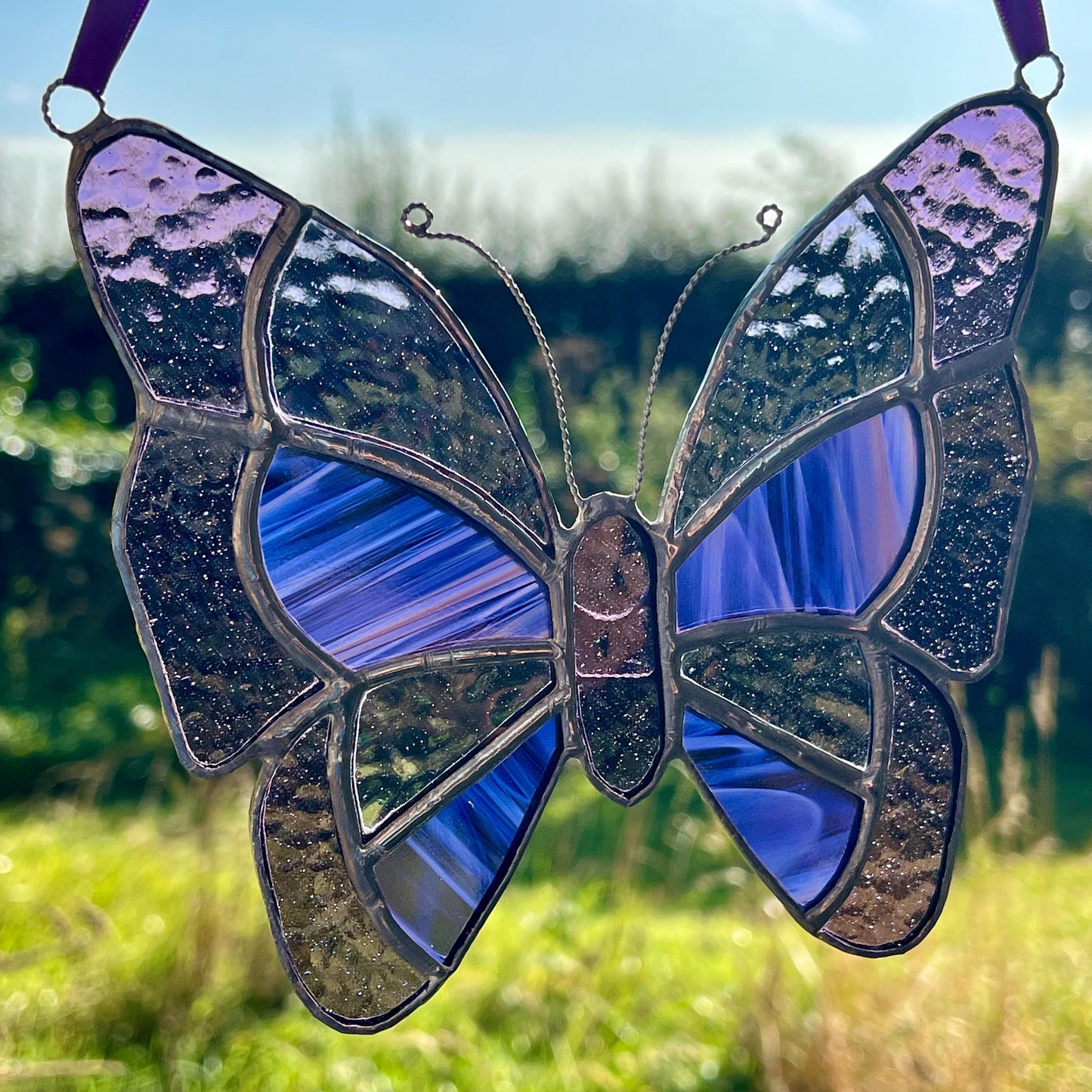 Purple Stained Glass Butterfly Suncatcher: Handcrafted Window Decor