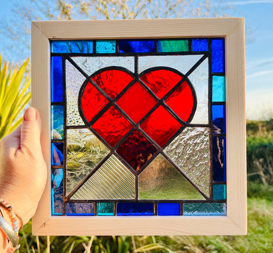 Handcrafted Stained Glass Heart: Ruby Red, Cobalt & Turquoise Border