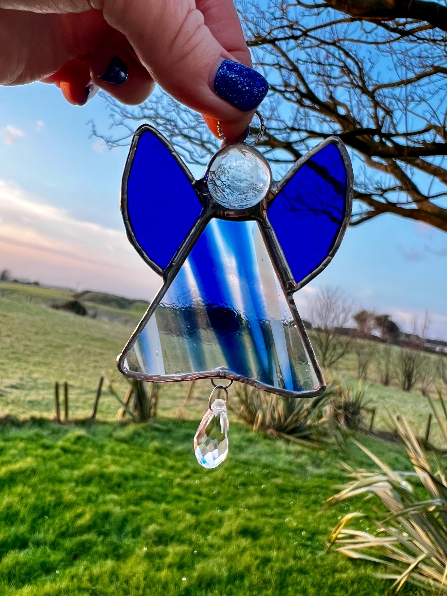 Blue Stained Glass Angel Suncatcher with Prism – Handmade Window Ornament