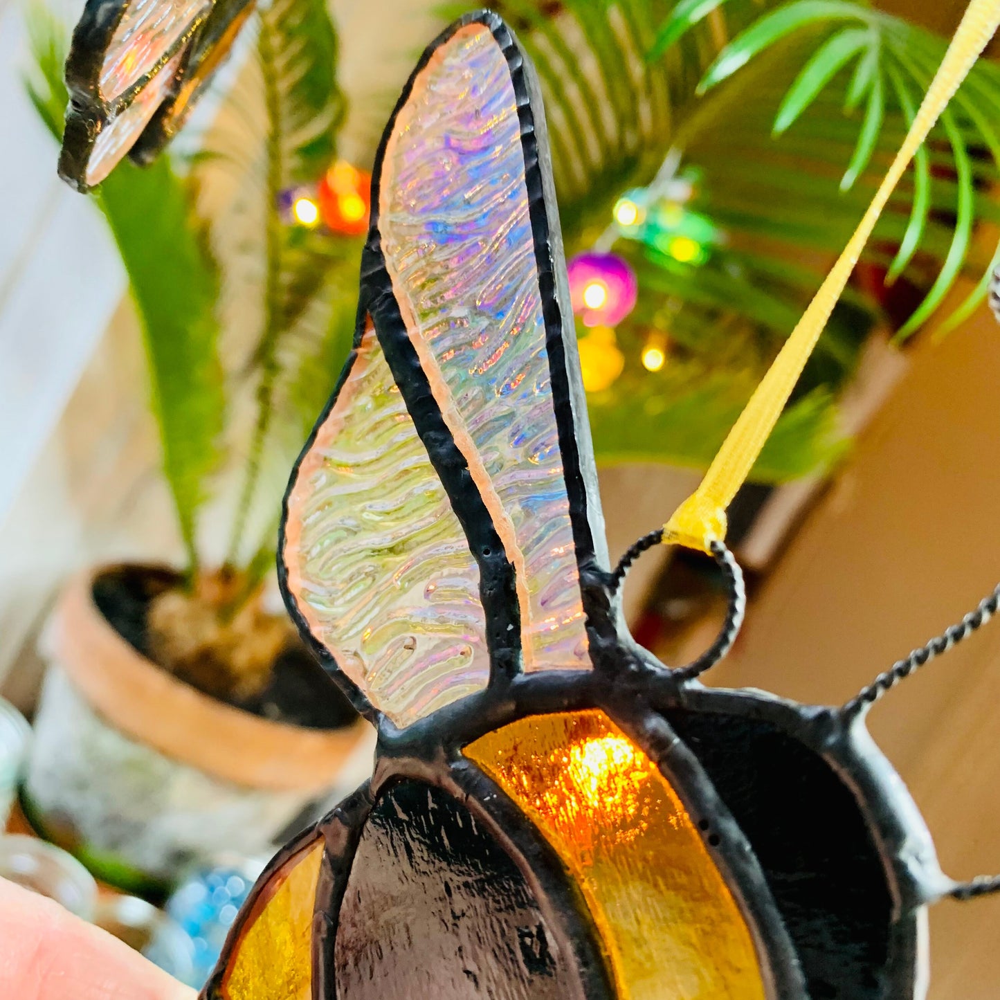 Stained Glass Bee Suncatcher, Iridescent Amber & Black