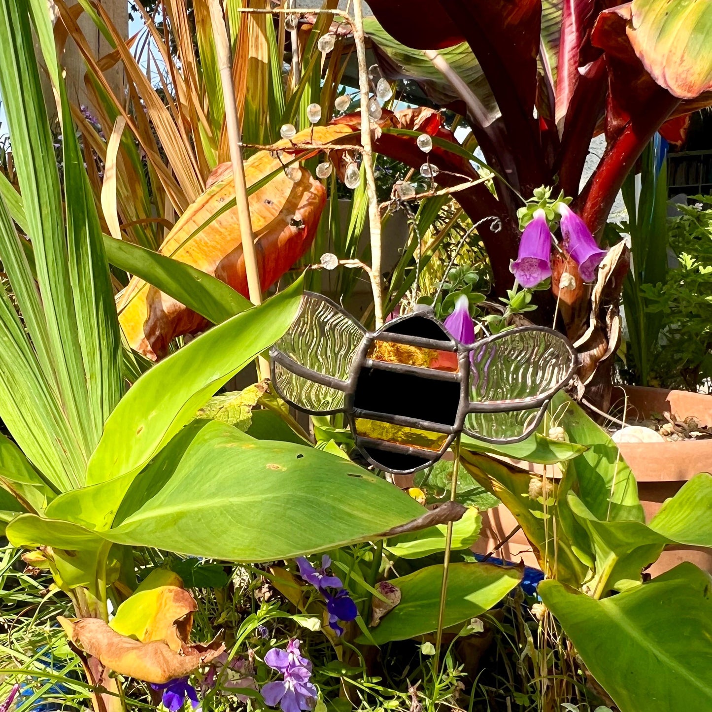 Stained Glass Bee Plant Stake: Iridescent Wings, Garden Decor