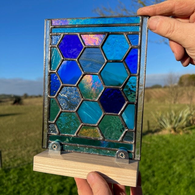 Stained Glass Honeycomb Panel in deep  blues and turquoise including lots of textures.