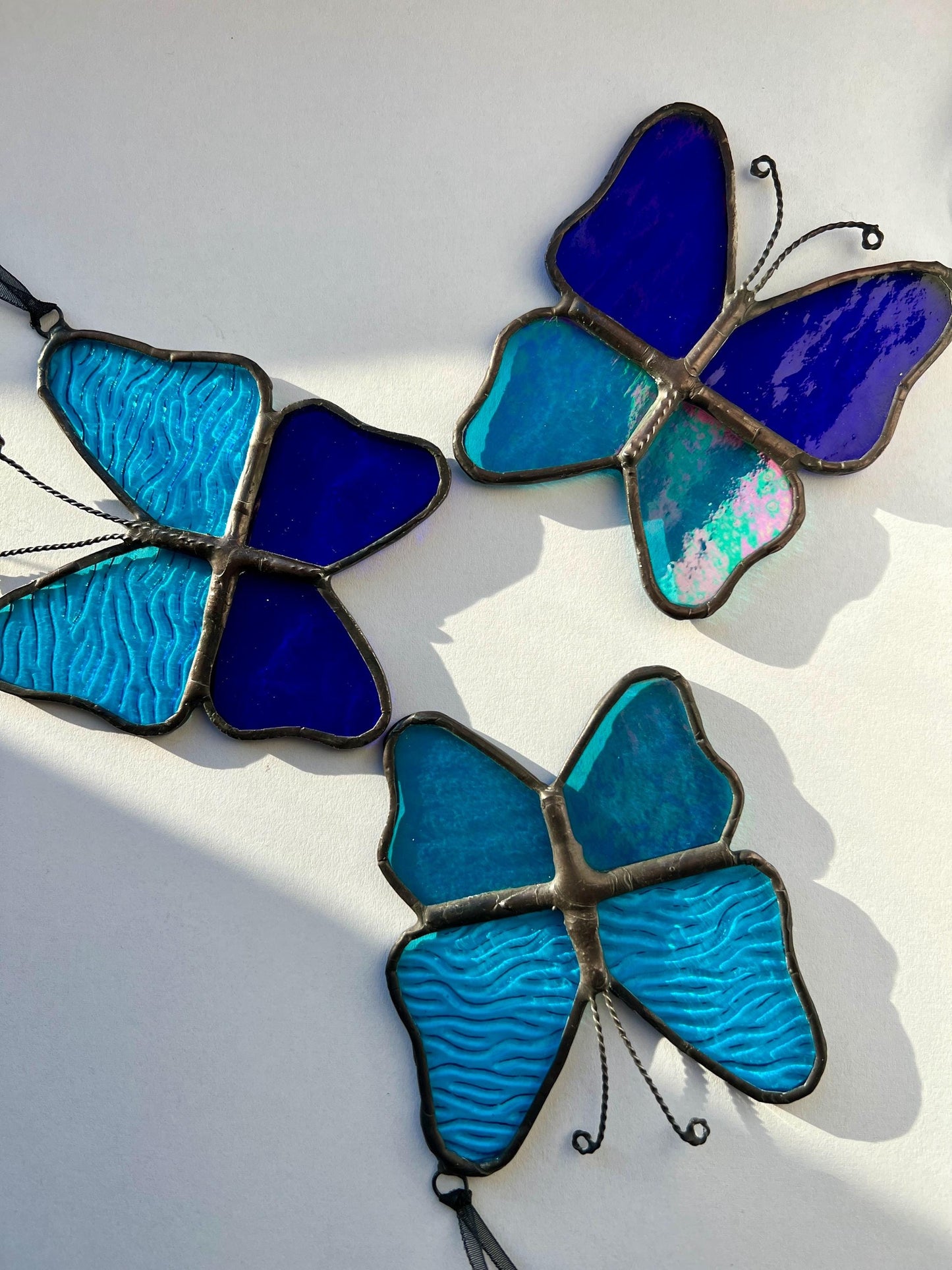 Stained Glass Butterfly Set: Turquoise & Cobalt Blue, Handcrafted