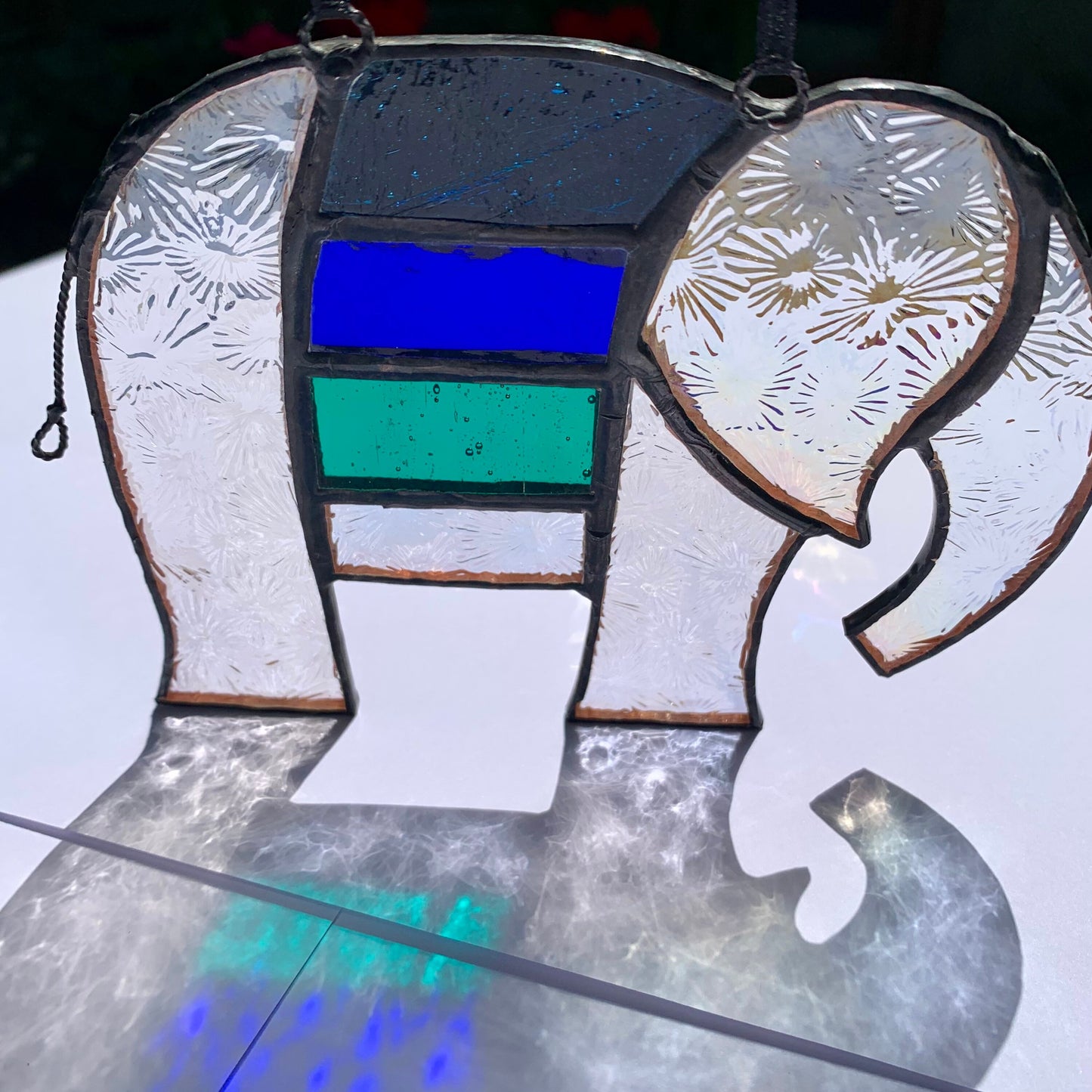 Pretty Elephant Stained Glass Suncatcher in shades of blue & turquoise with iridescent ..