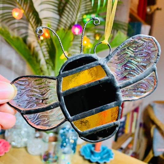 Stained Glass Bee Suncatcher, Iridescent Wings, Nature Lover Gift