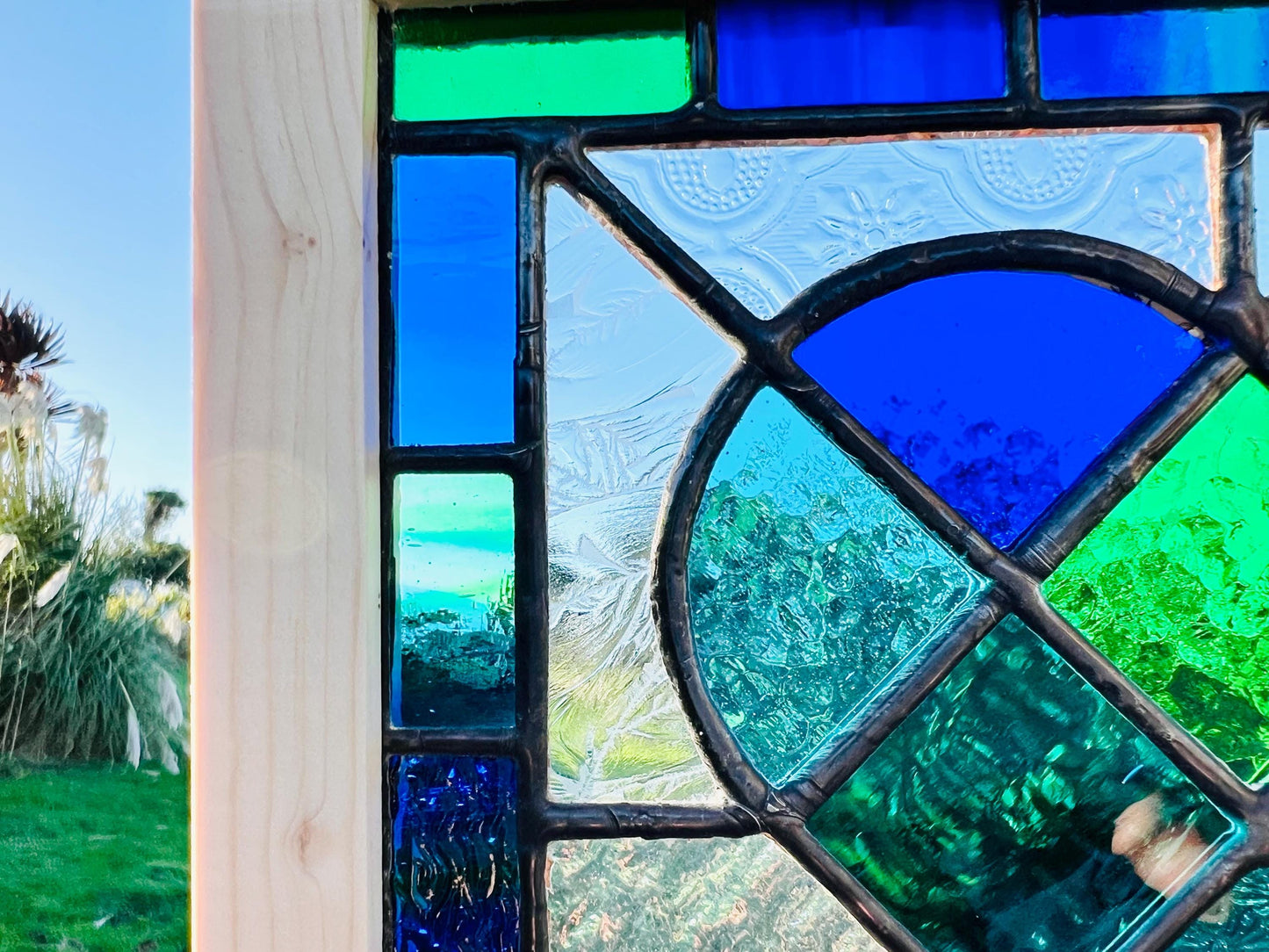 Framed Stained Glass Heart: Blue & Green Patchwork, Handcrafted Pine Frame