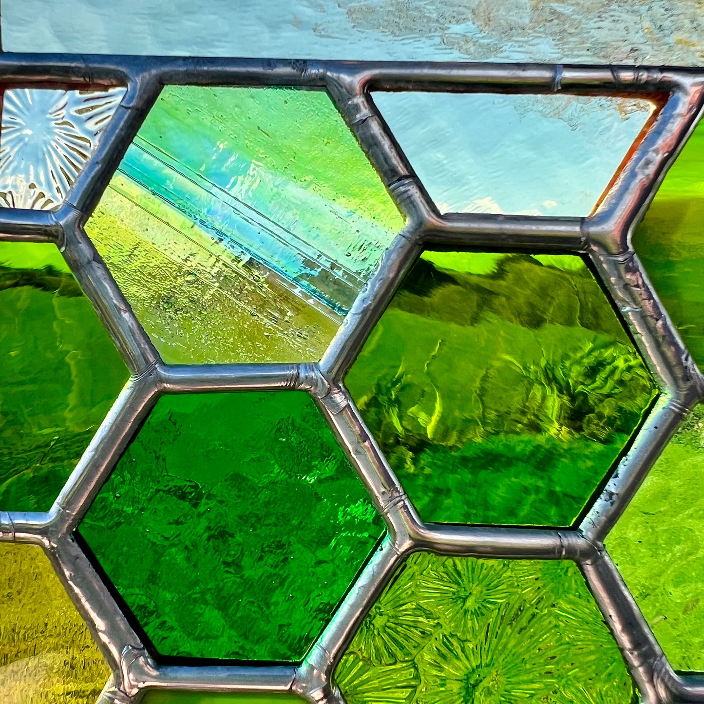 Stained Glass Honeycomb Panel in gorgeous greens including lots of textures.