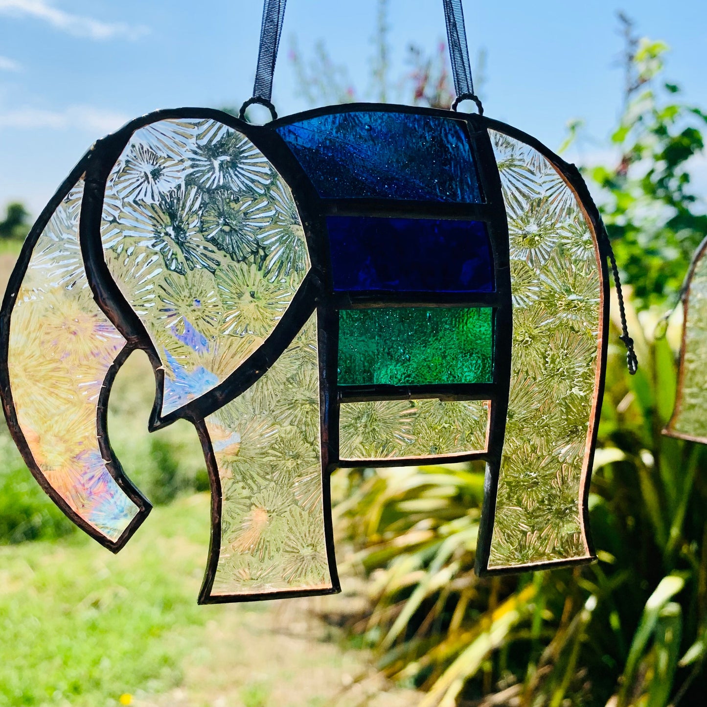 Pretty Elephant Stained Glass Suncatcher in shades of blue & turquoise with iridescent ..