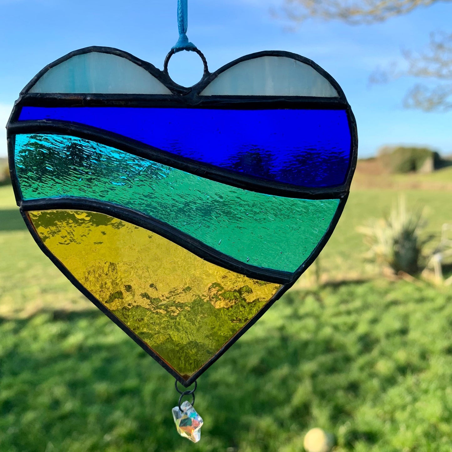 Stained Glass Heart Suncatcher: Sea Blue Colors, Star Prism