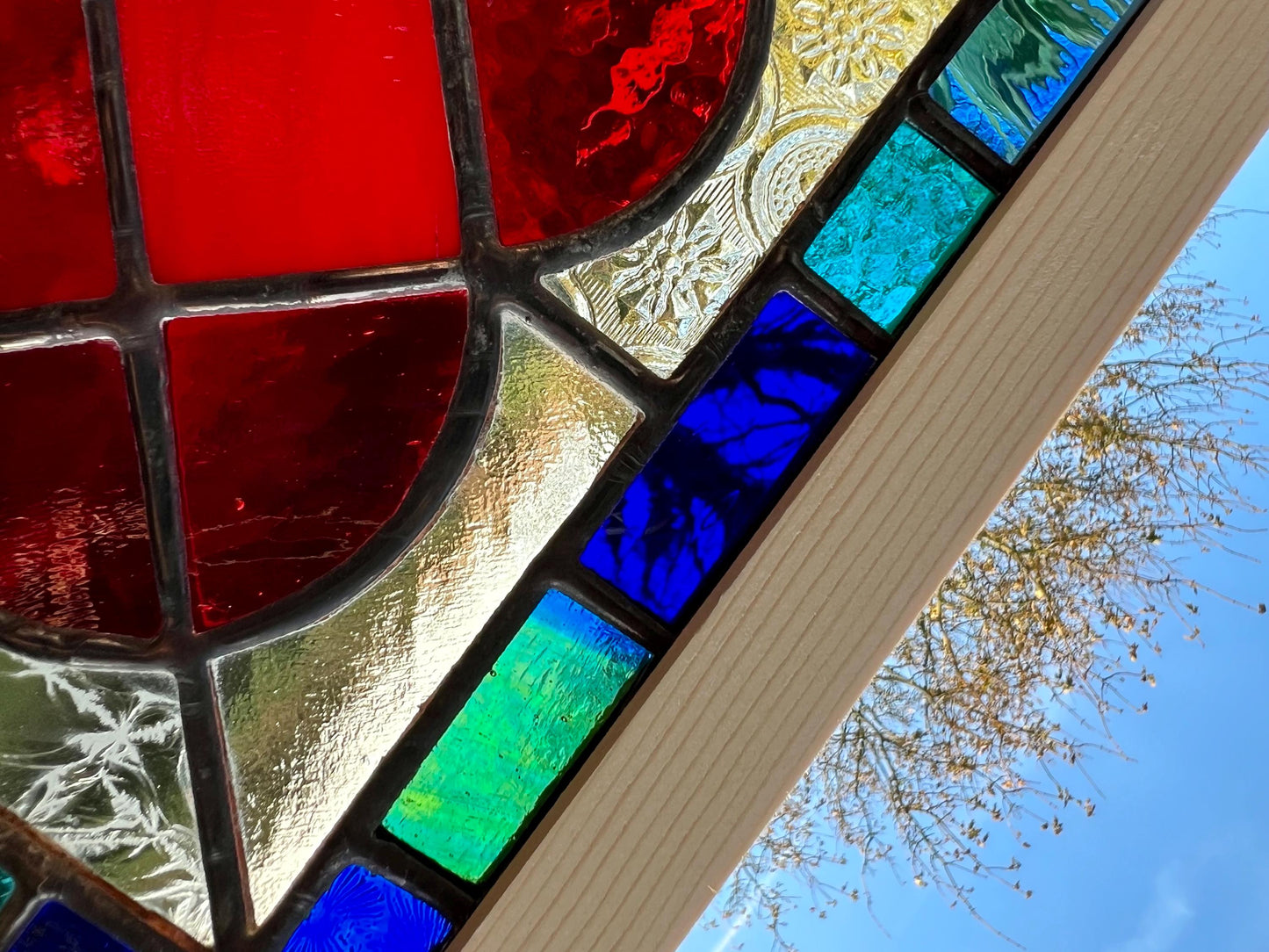 Handcrafted Stained Glass Heart: Ruby Red, Cobalt & Turquoise Border