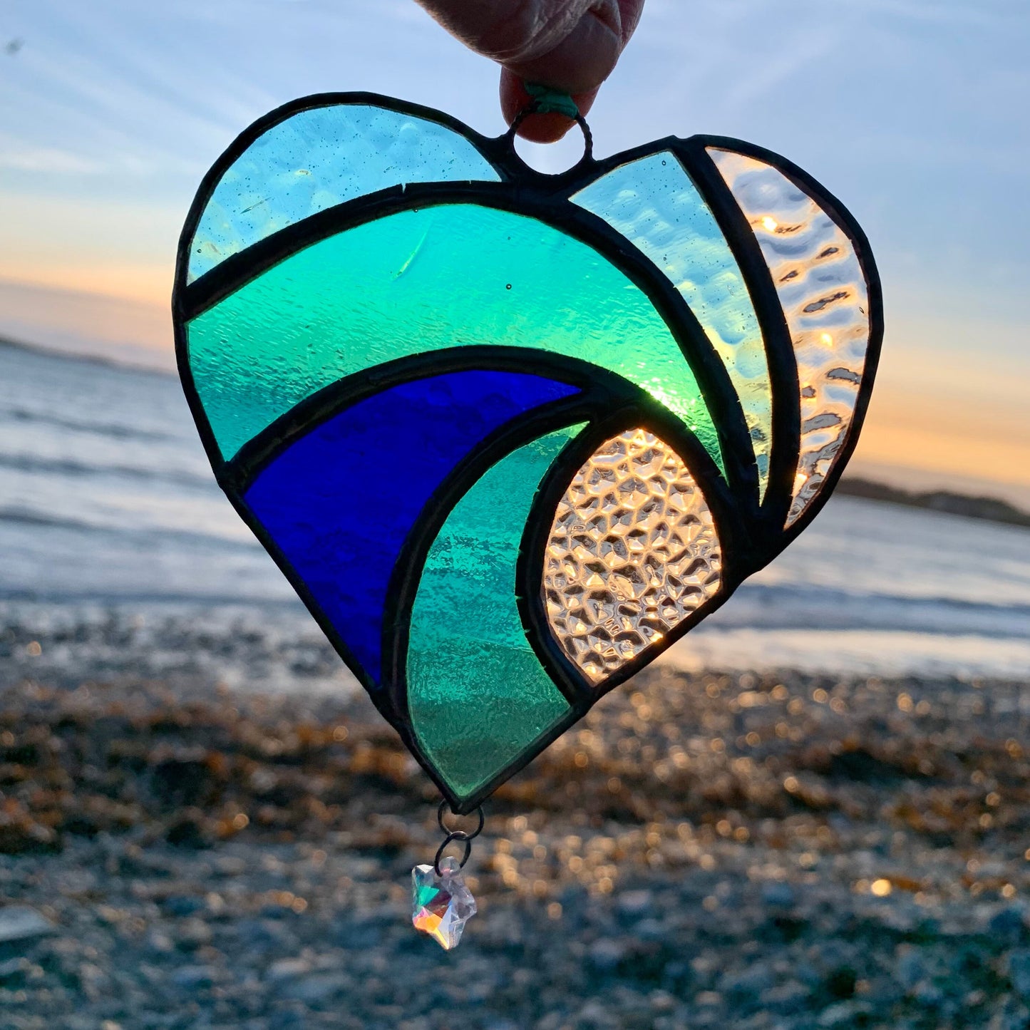 Stained Glass Heart Suncatcher: Sea Blue Wave with Iridescent Star