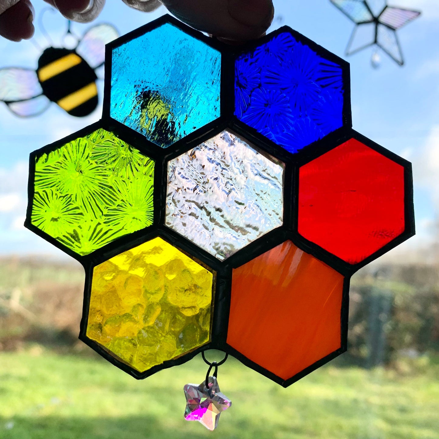 Rainbow Honeycomb Stained Glass Suncatcher with Prism