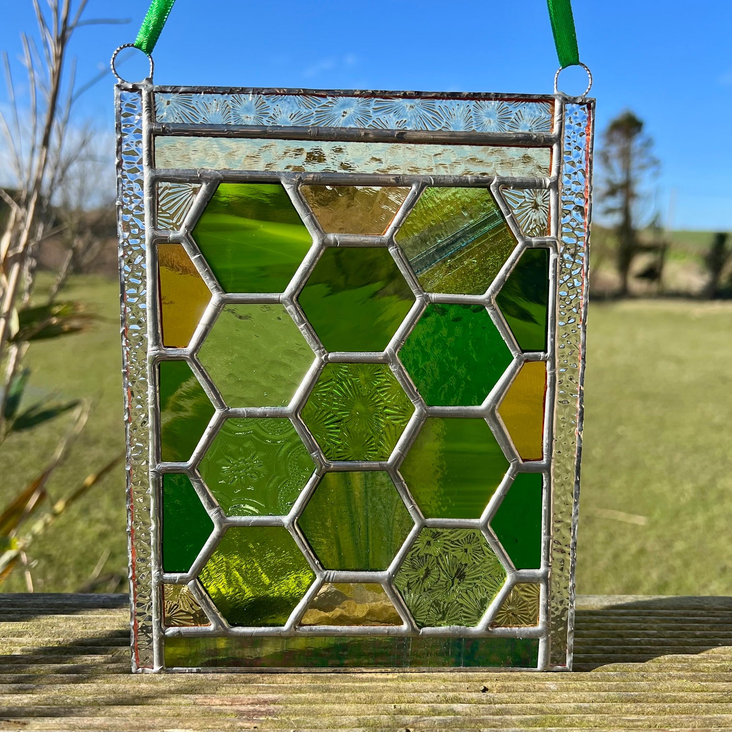Stained Glass Honeycomb Panel in gorgeous greens including lots of textures.