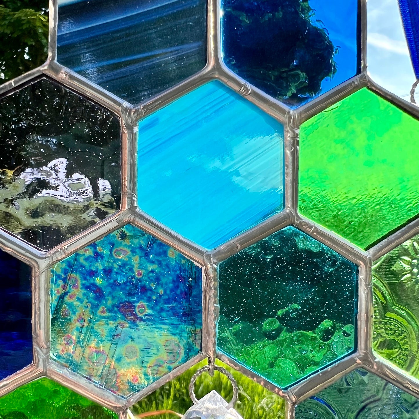 Stained Glass Honeycomb Suncatcher, Iridescent Glass Prism, Gift for Gardener