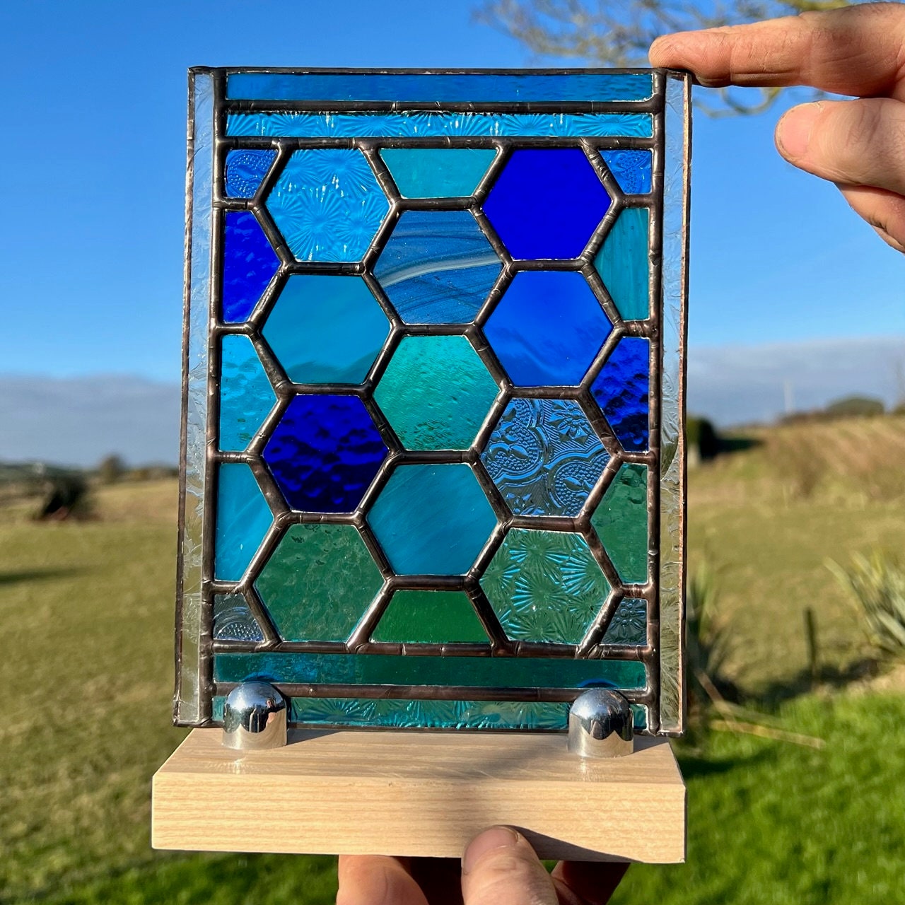 Stained Glass Honeycomb Panel in deep  blues and turquoise including lots of textures.