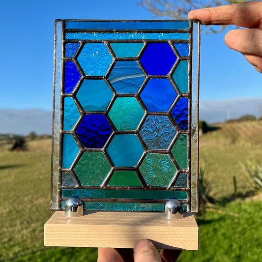 Stained Glass Honeycomb Panel in deep  blues and turquoise including lots of textures.