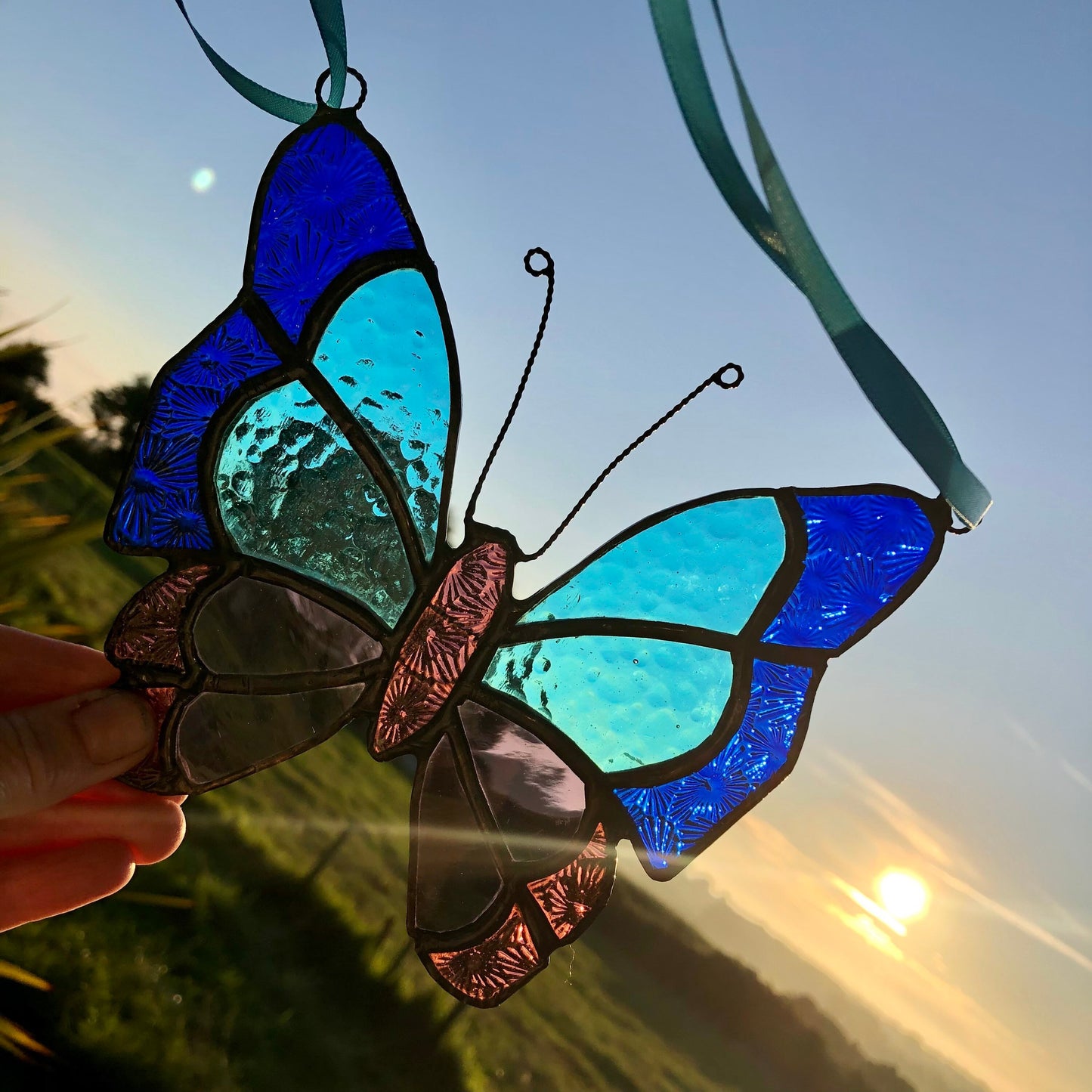 Stained Glass Butterfly Suncatcher, Purple & Turquoise Window Art