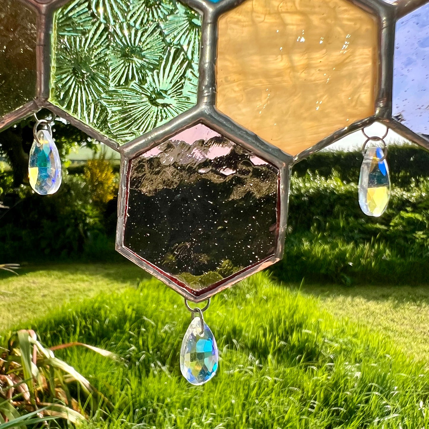 Stained Glass Honeycomb Suncatcher: Pastel Iridescent Glass Droplets