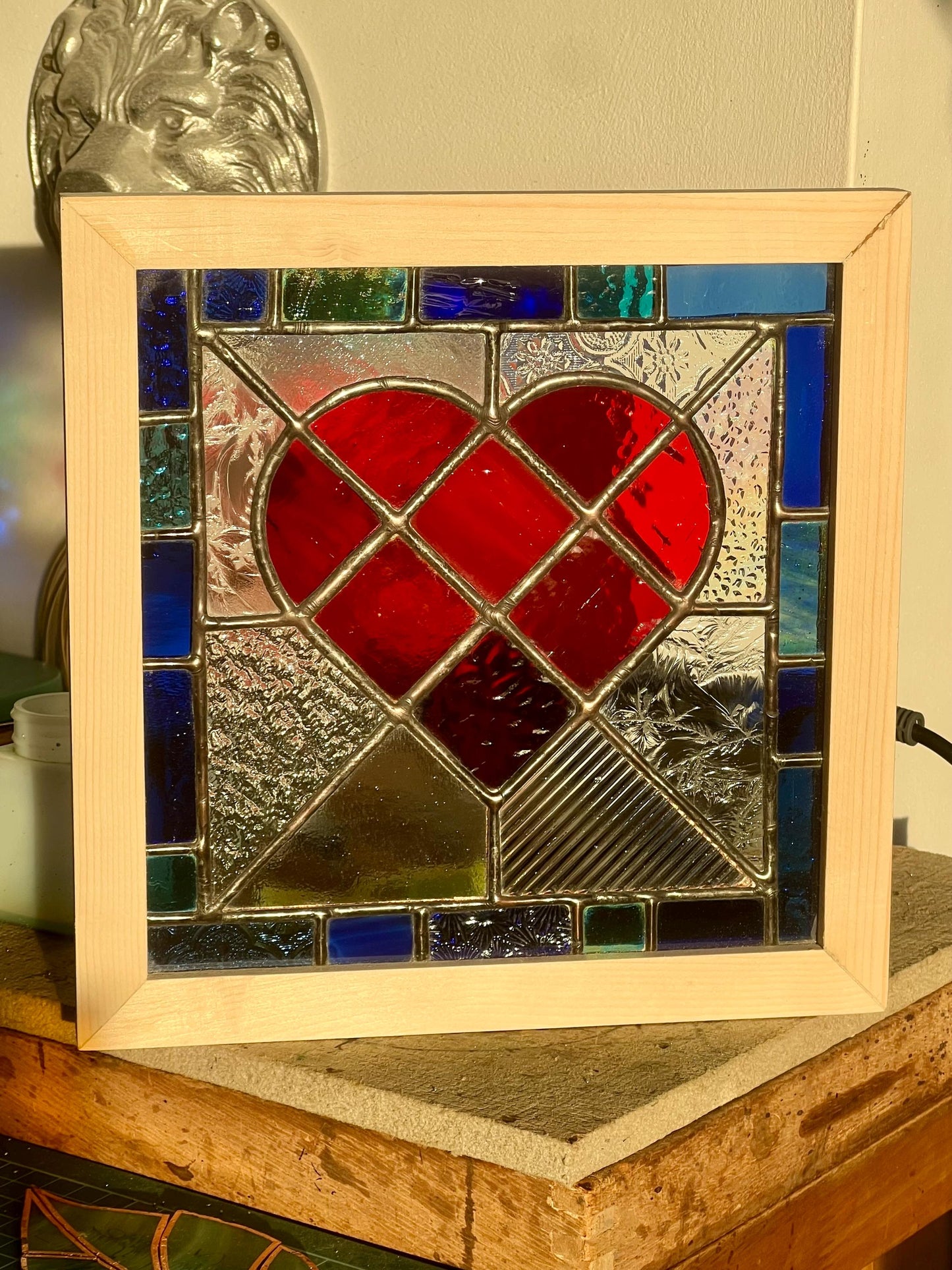 Handcrafted Stained Glass Heart: Ruby Red, Cobalt & Turquoise Border