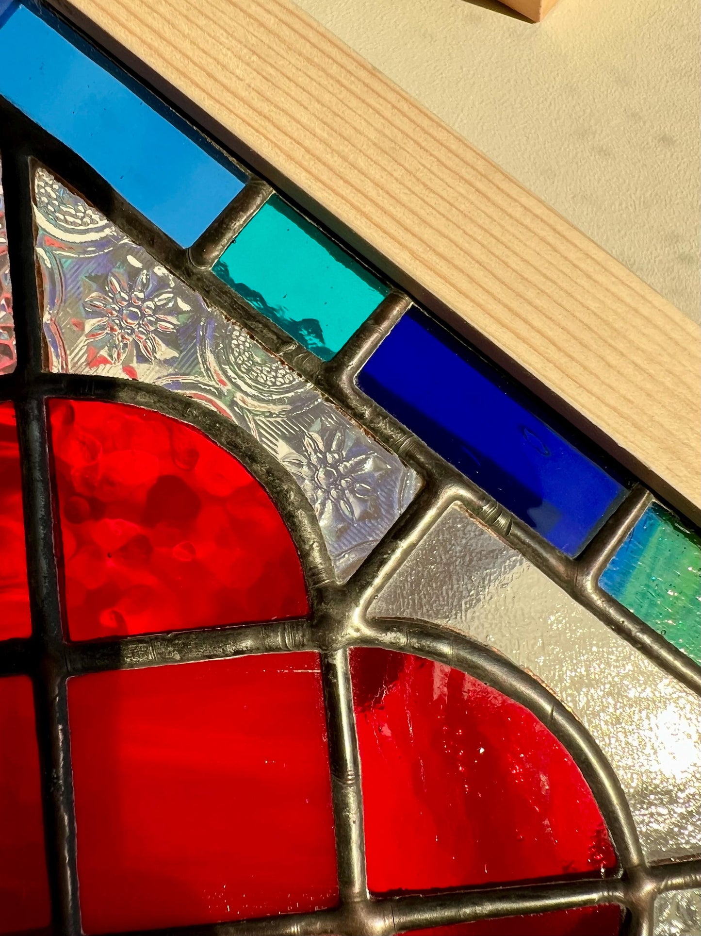 Handcrafted Stained Glass Heart: Ruby Red, Cobalt & Turquoise Border